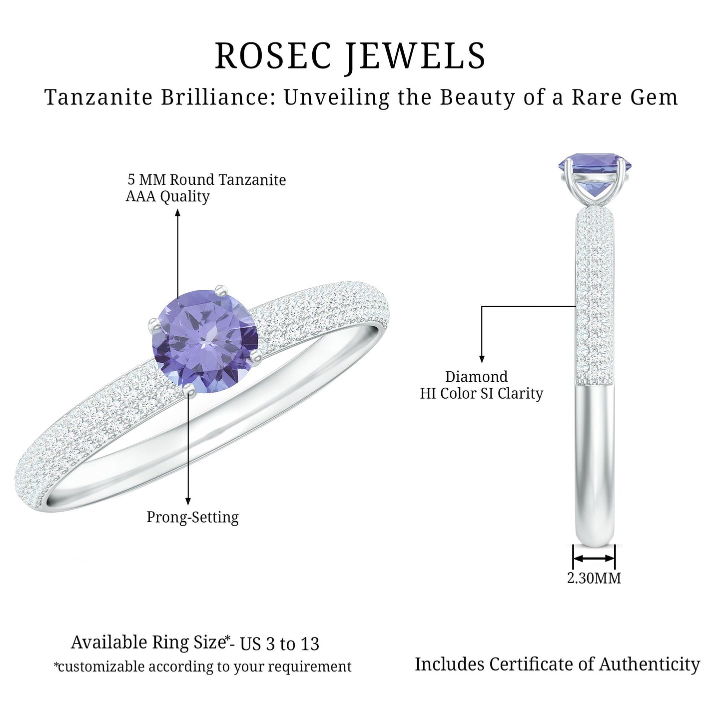 Natural Tanzanite Engagement Ring with Pave Diamond Side Stones