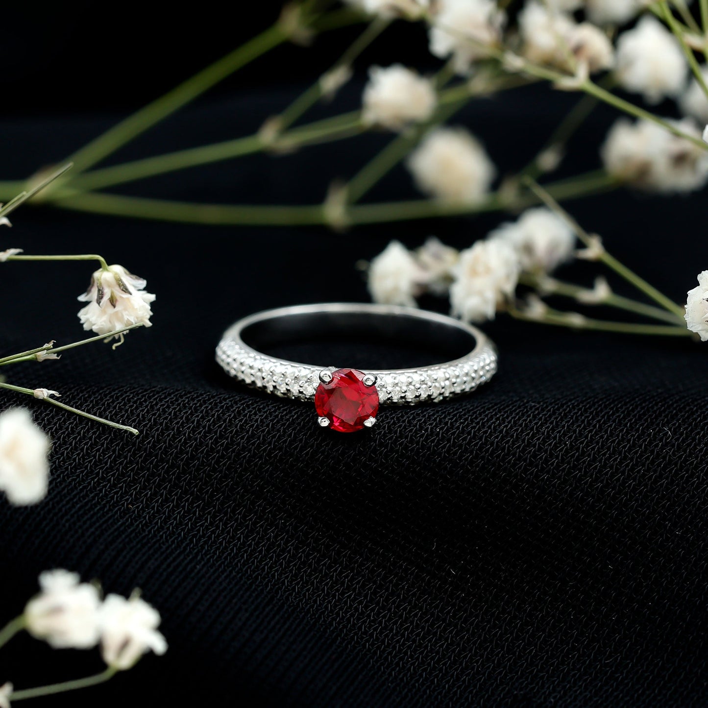 Lab Created Ruby Solitaire Ring with Moissanite Side Stones