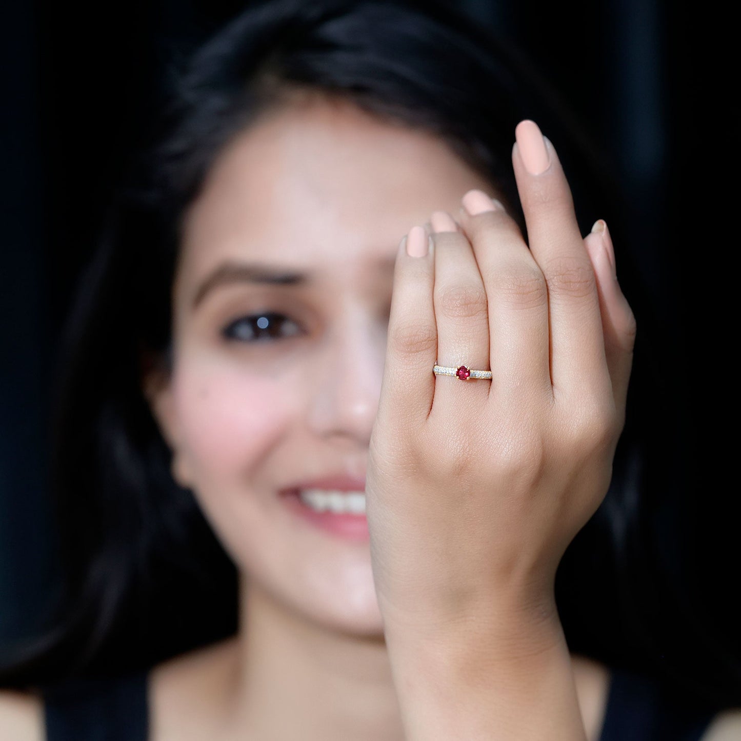 Lab Created Ruby Solitaire Ring with Moissanite Side Stones