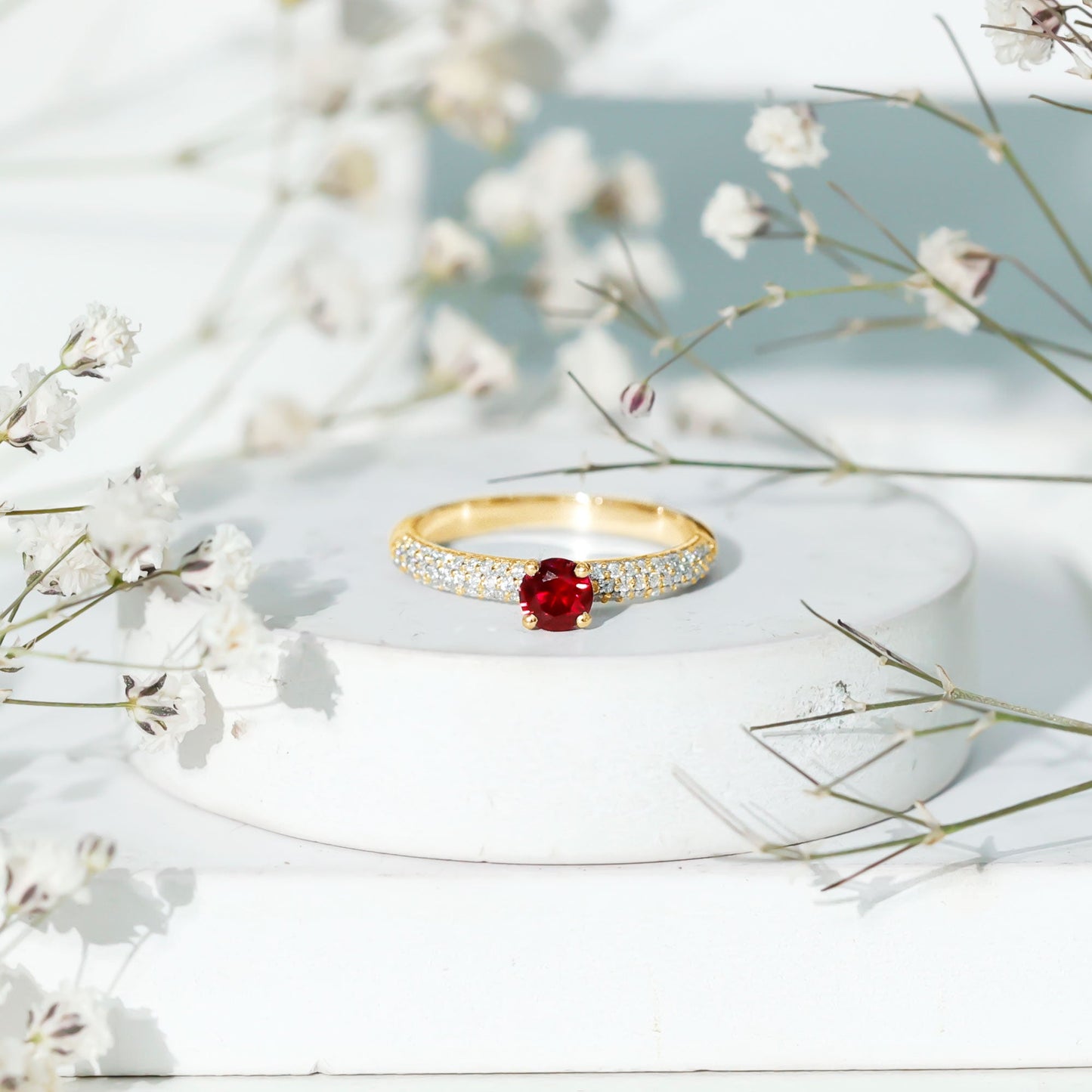 Lab Created Ruby Solitaire Ring with Moissanite Side Stones