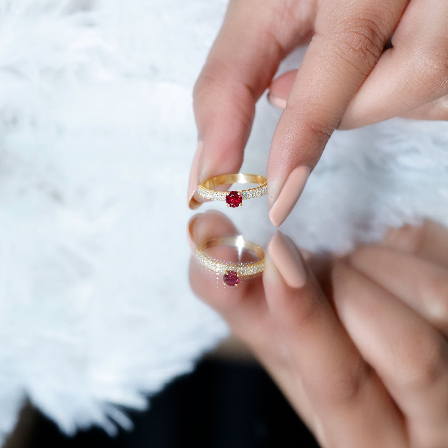 Lab Created Ruby Solitaire Ring with Moissanite Side Stones
