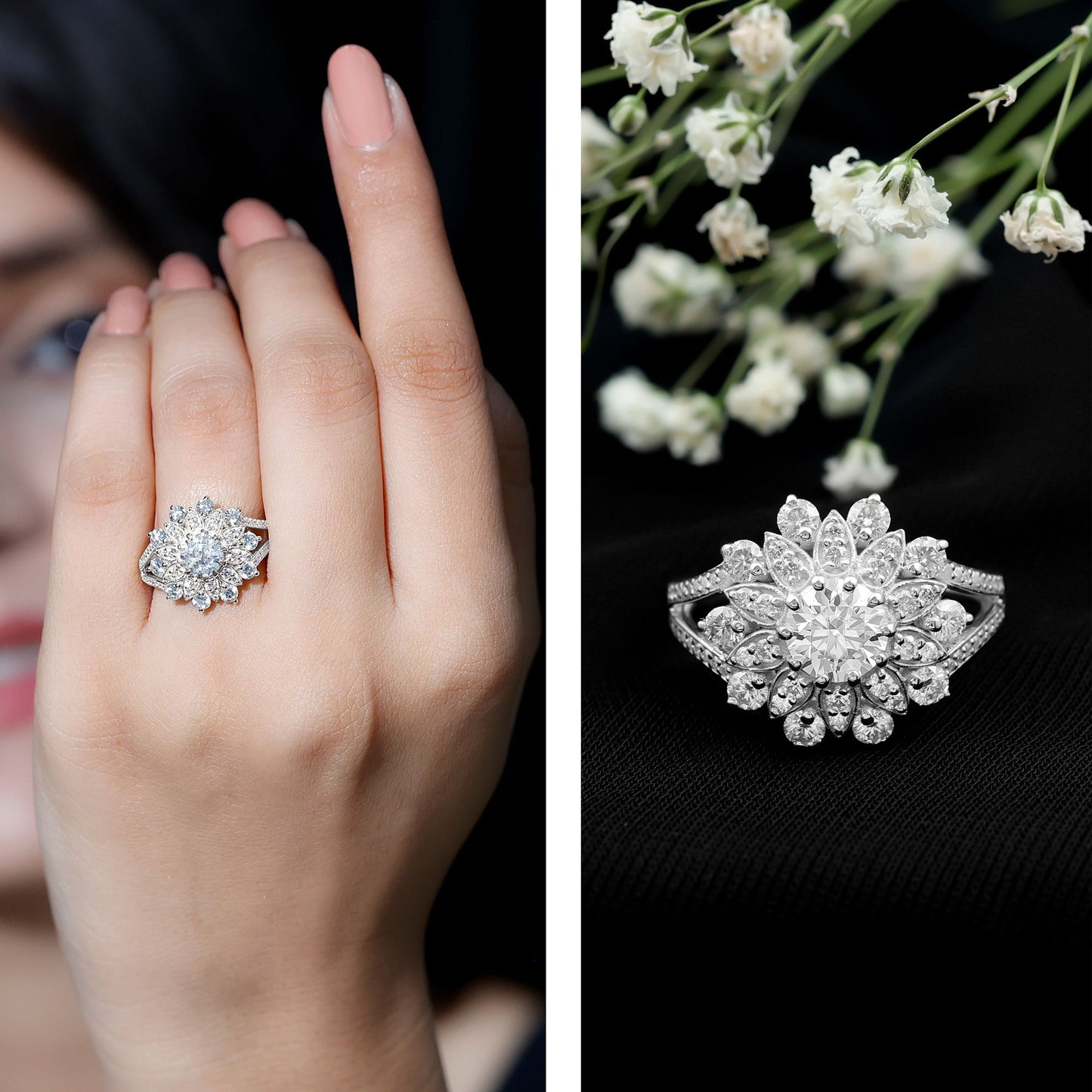 Certified Moissanite Statement Flower Engagement Ring