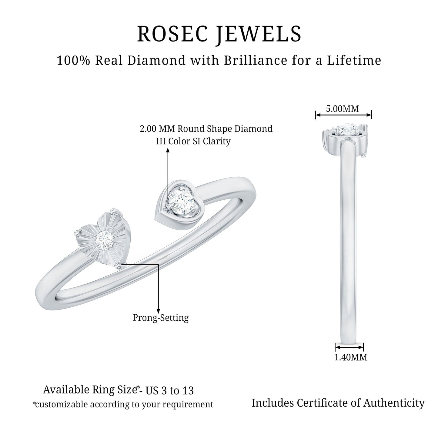 Certified Real Diamond Heart Promise Ring in Cuff Style