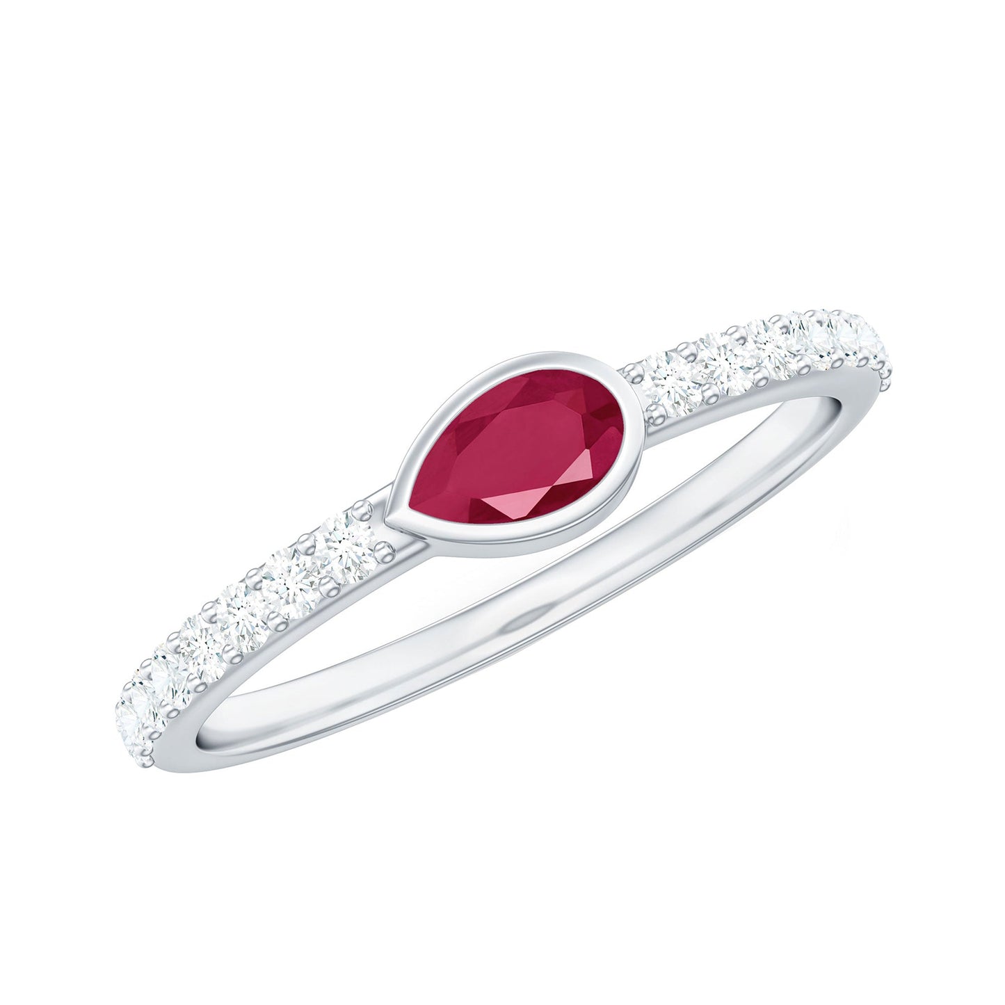 East West Style Pear Shape Ruby Promise Ring with Diamond
