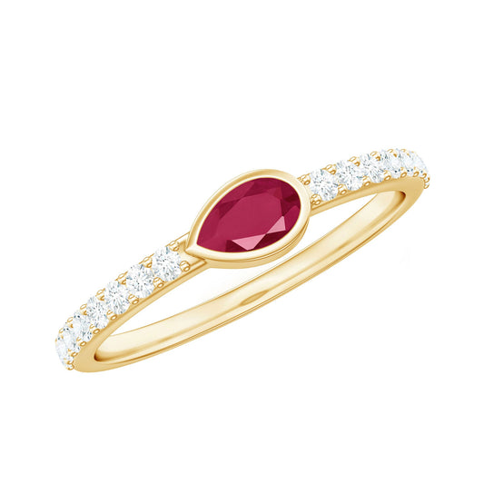 East West Style Pear Shape Ruby Promise Ring with Diamond