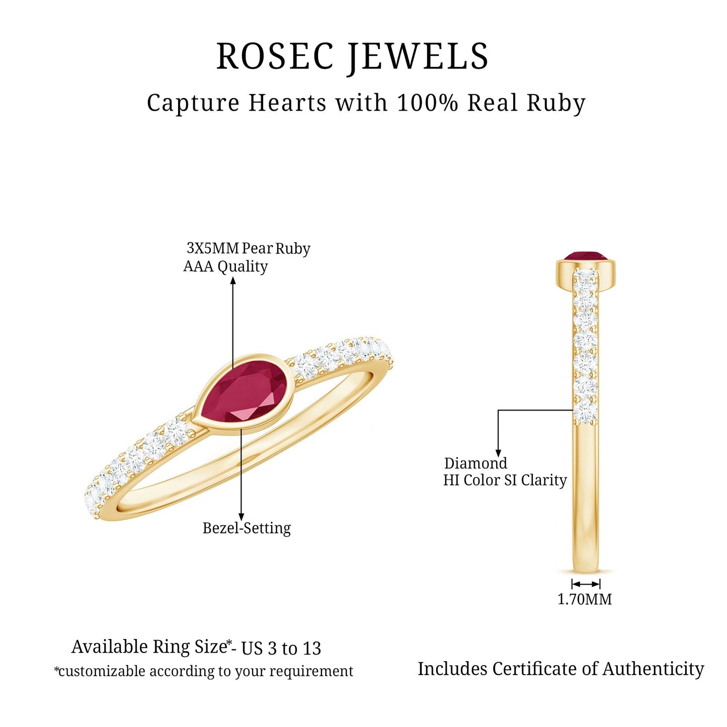 East West Style Pear Shape Ruby Promise Ring with Diamond