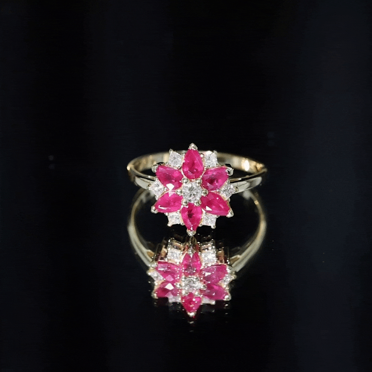 Natural Pear Shape Ruby Diamond Flower Engagement Ring for Women