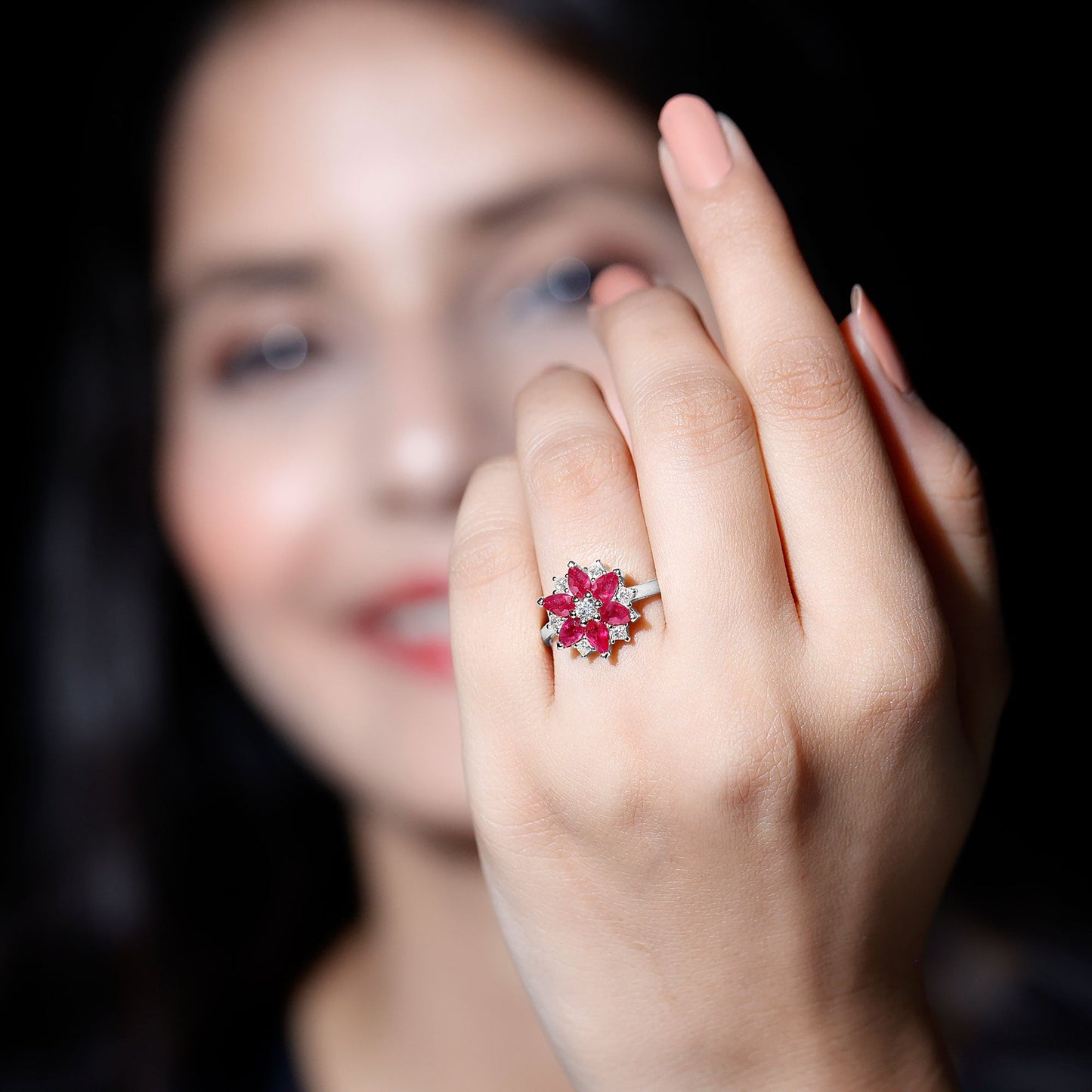 Natural Pear Shape Ruby Diamond Flower Engagement Ring for Women