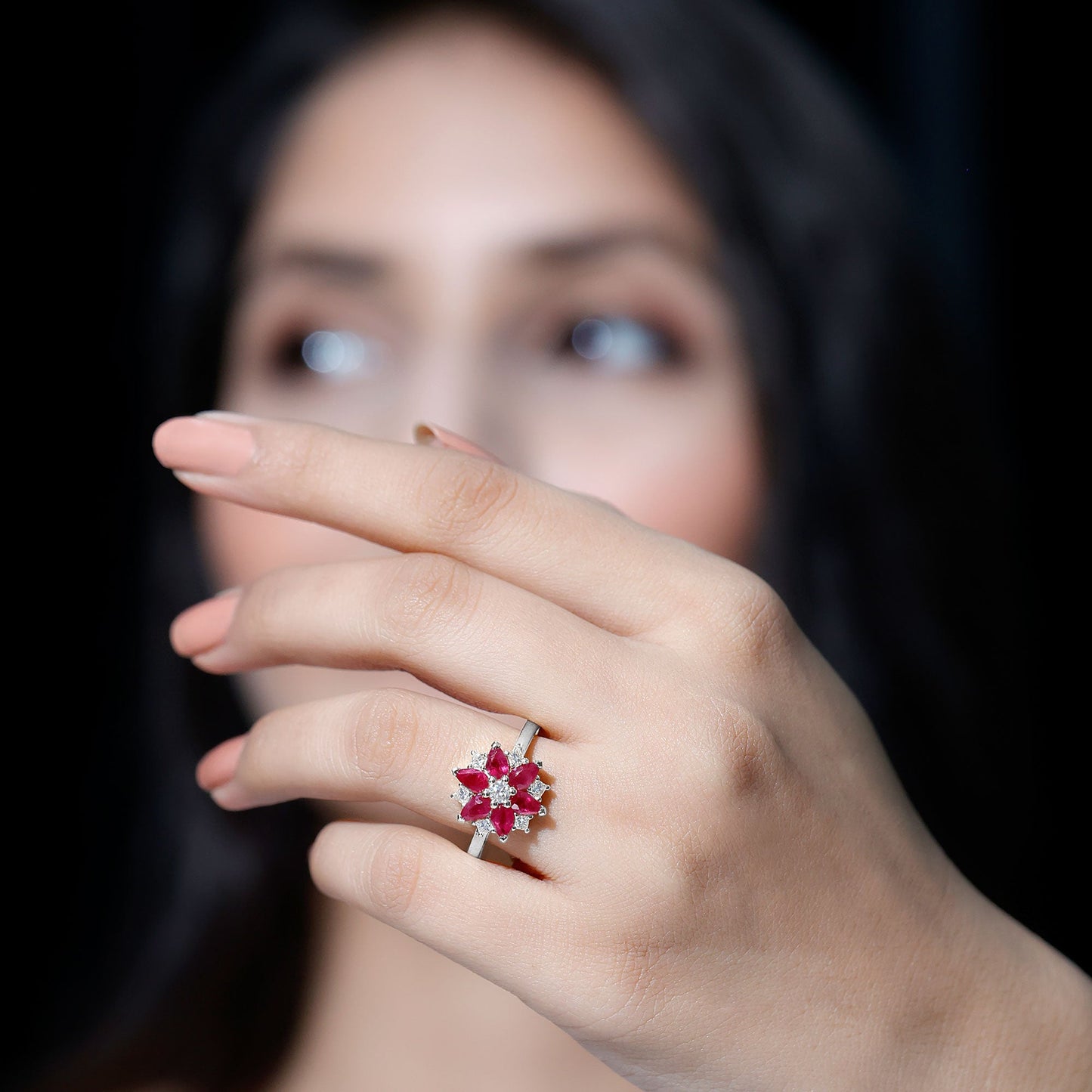Natural Pear Shape Ruby Diamond Flower Engagement Ring for Women