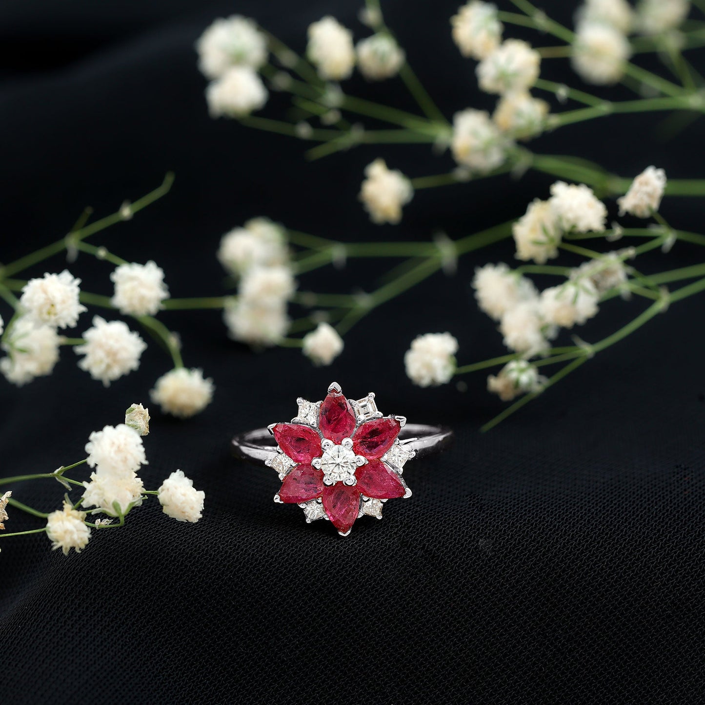 Natural Pear Shape Ruby Diamond Flower Engagement Ring for Women
