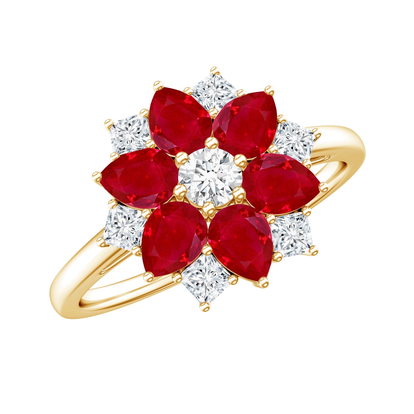 Natural Pear Shape Ruby Diamond Flower Engagement Ring for Women