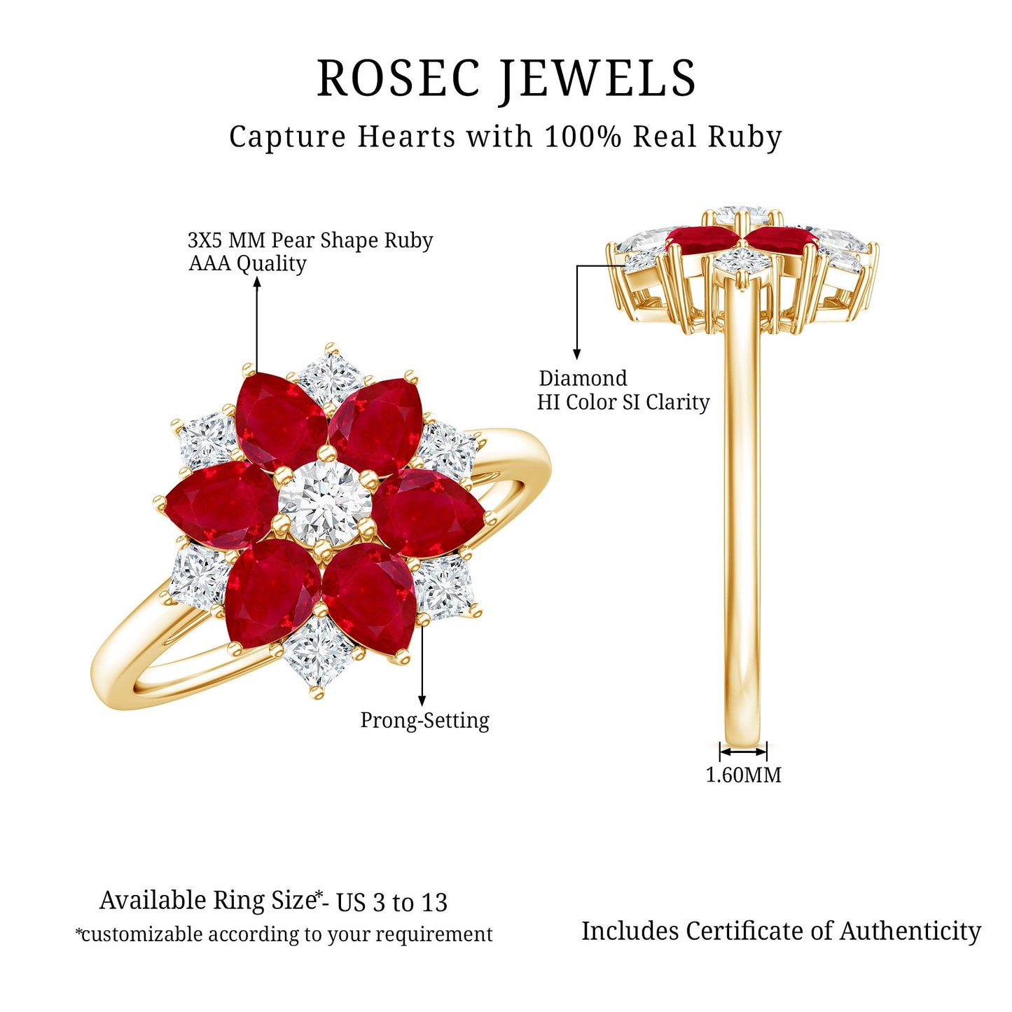 Natural Pear Shape Ruby Diamond Flower Engagement Ring for Women