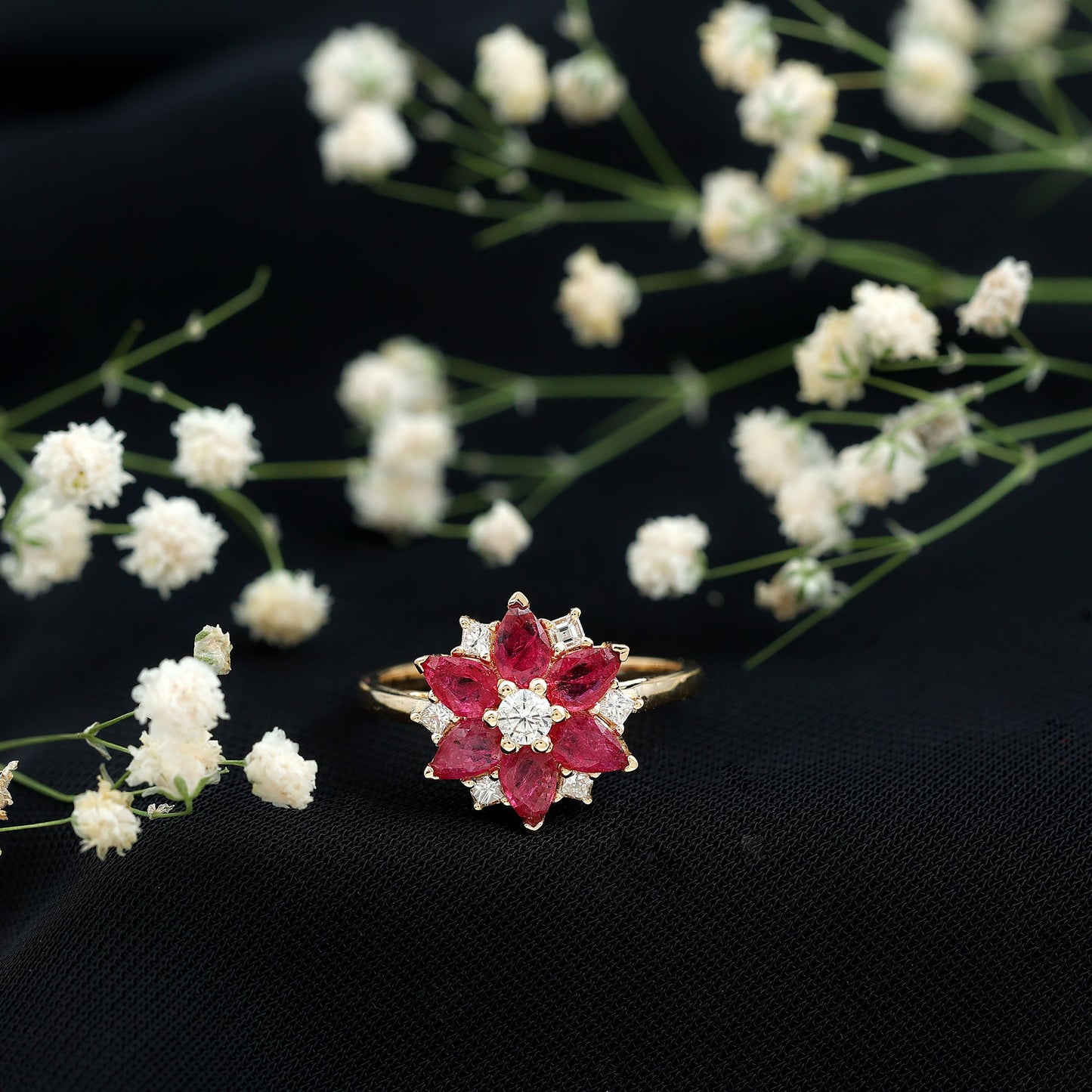 Natural Pear Shape Ruby Diamond Flower Engagement Ring for Women
