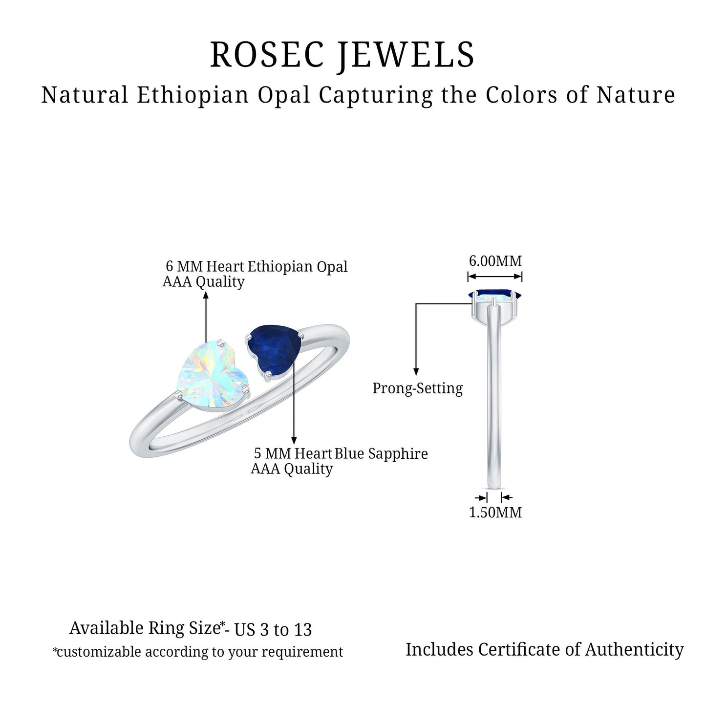 Natural Heart Shape Ethiopian Opal and Blue Sapphire 2 Stone Promise Ring