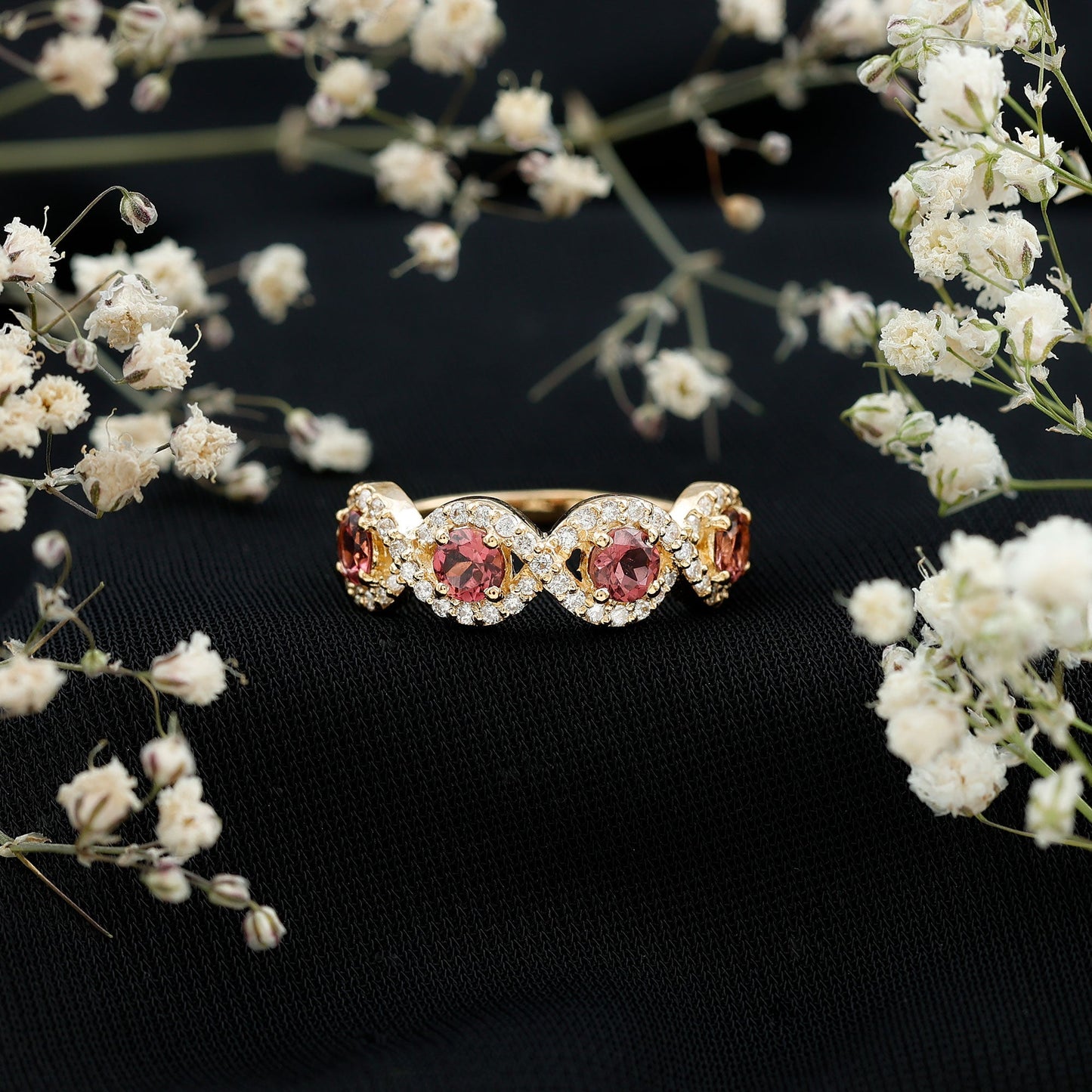 Pink Tourmaline Infinity Half Eternity Band Ring with Diamond