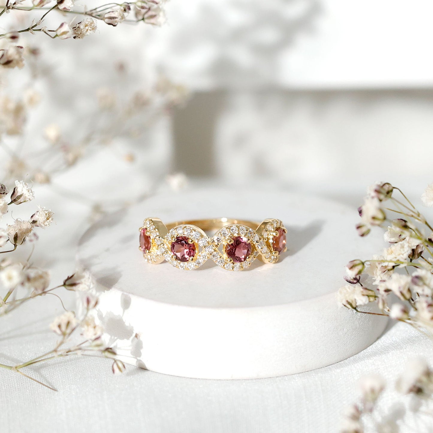 Pink Tourmaline Infinity Half Eternity Band Ring with Diamond