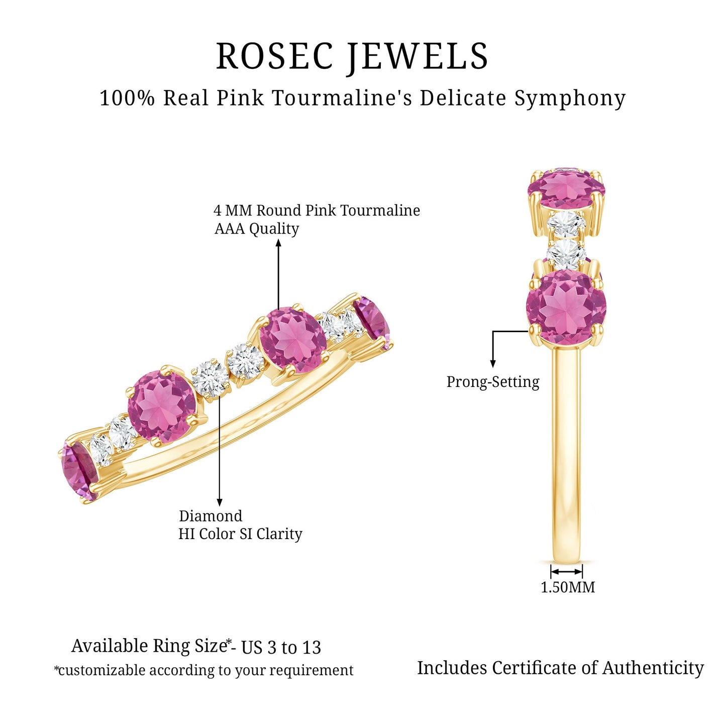 Alternate Semi Eternity Ring with Pink Tourmaline and Diamond