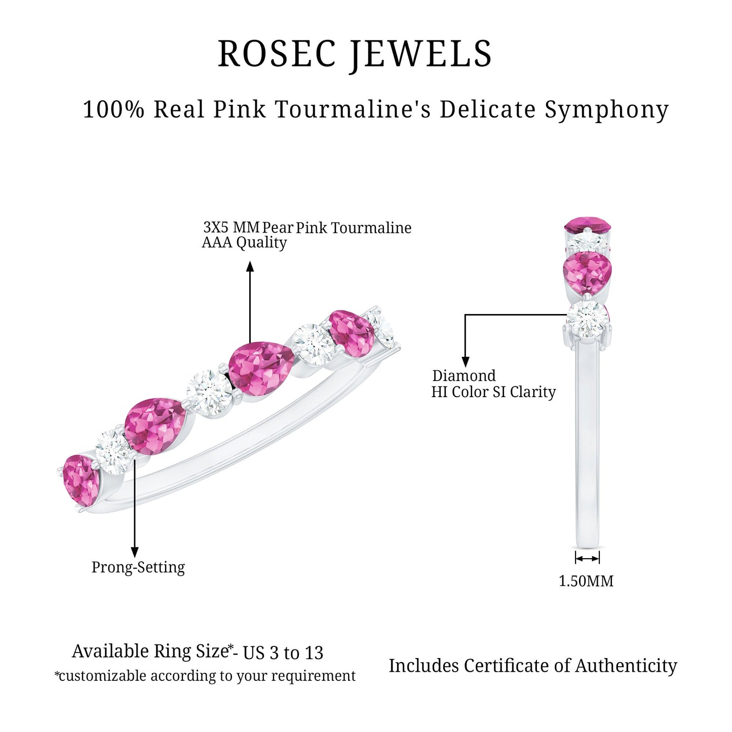 Natural Pink Tourmaline and Diamond Wedding Band For Her