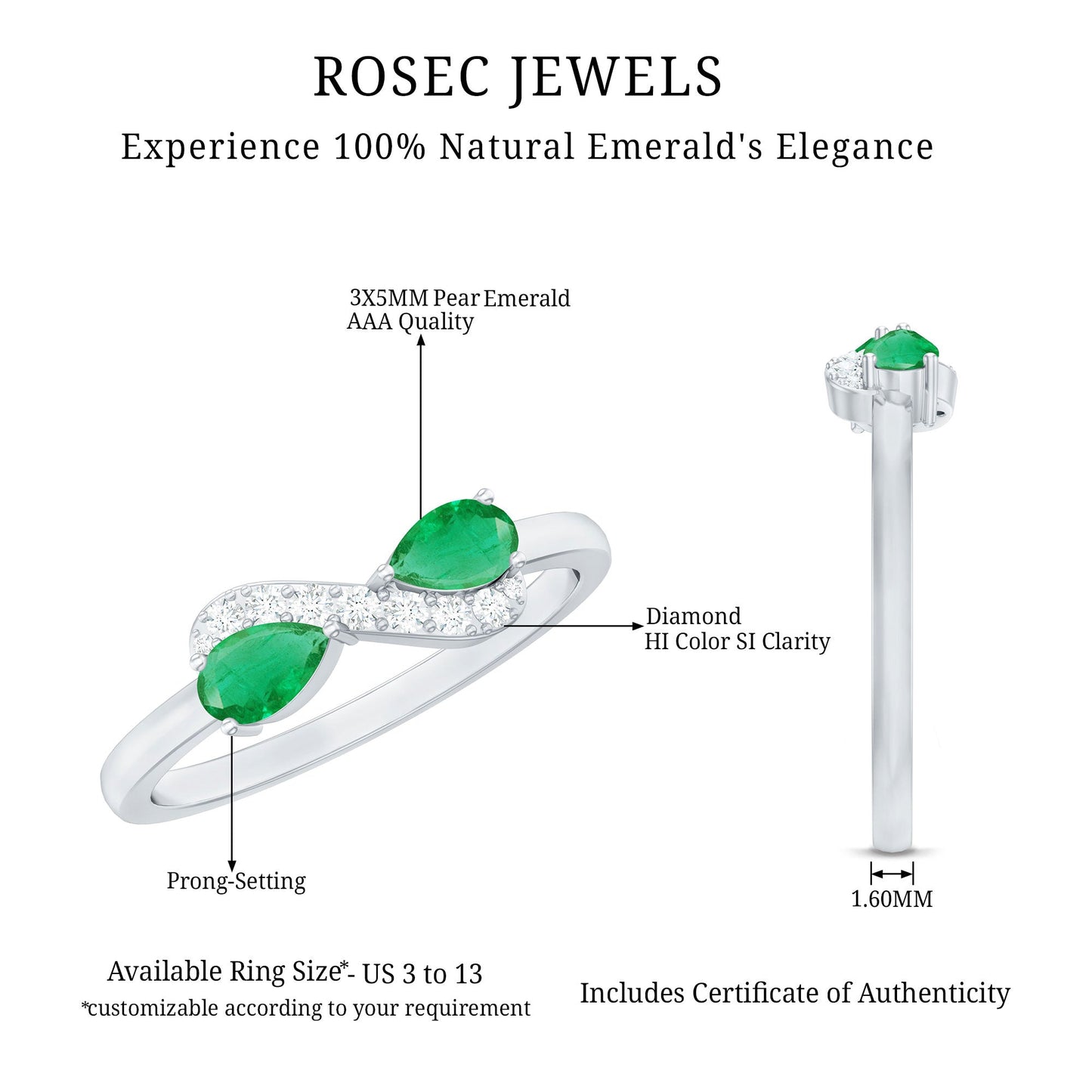 Natural Pear Emerald and Diamond Infinity Promise Ring