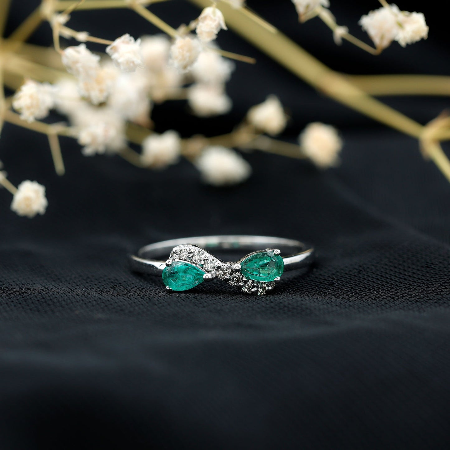 Natural Pear Emerald and Diamond Infinity Promise Ring