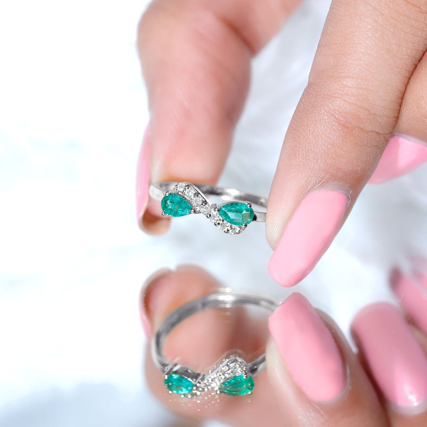 Natural Pear Emerald and Diamond Infinity Promise Ring