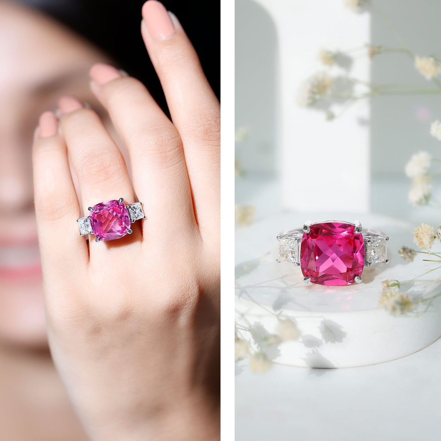 Lab Created Pink Sapphire Statement Engagement Ring with Moissanite