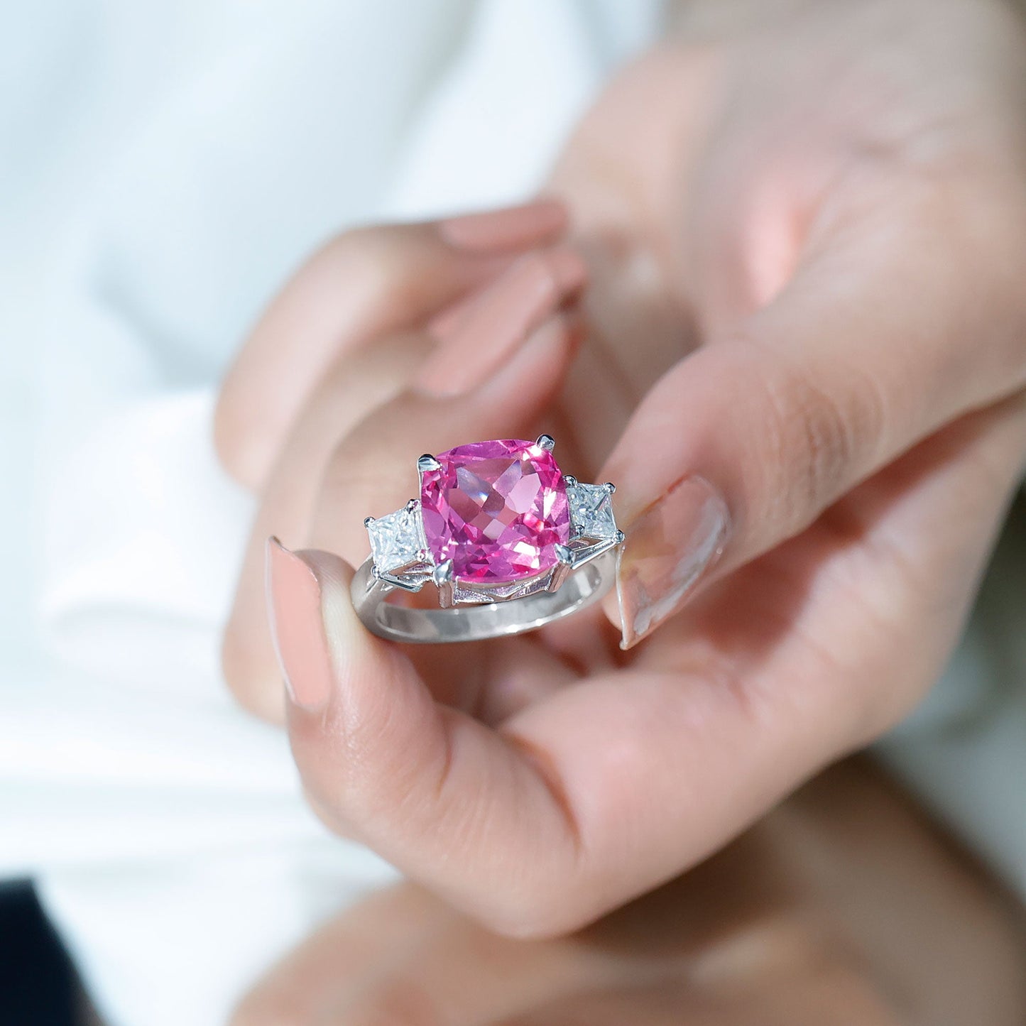 Lab Created Pink Sapphire Statement Engagement Ring with Moissanite
