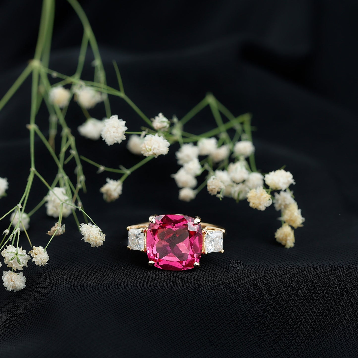 Lab Created Pink Sapphire Statement Engagement Ring with Moissanite