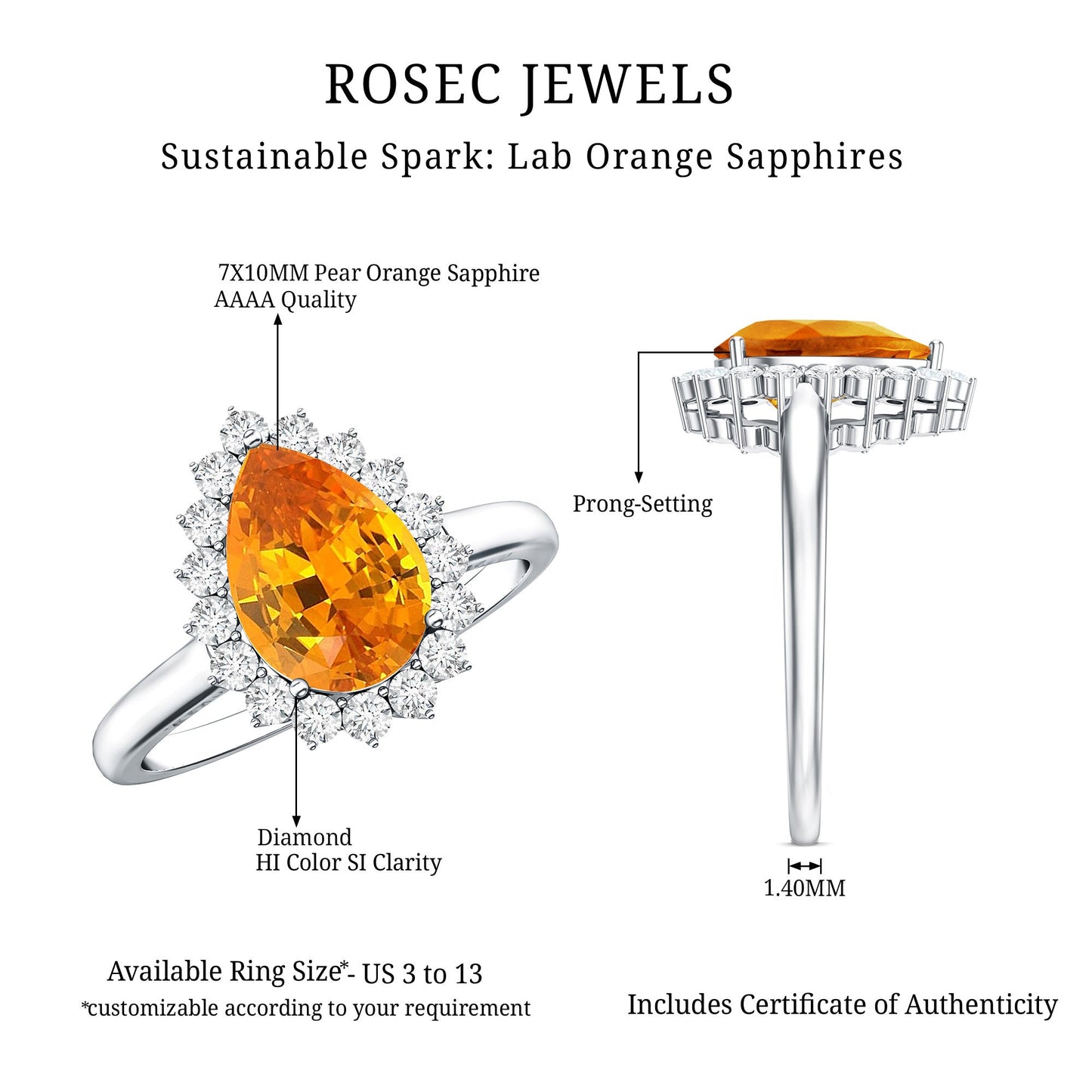 2.5 Carat Lab Grown Orange Sapphire Teardrop Engagement Ring with Diamond Halo