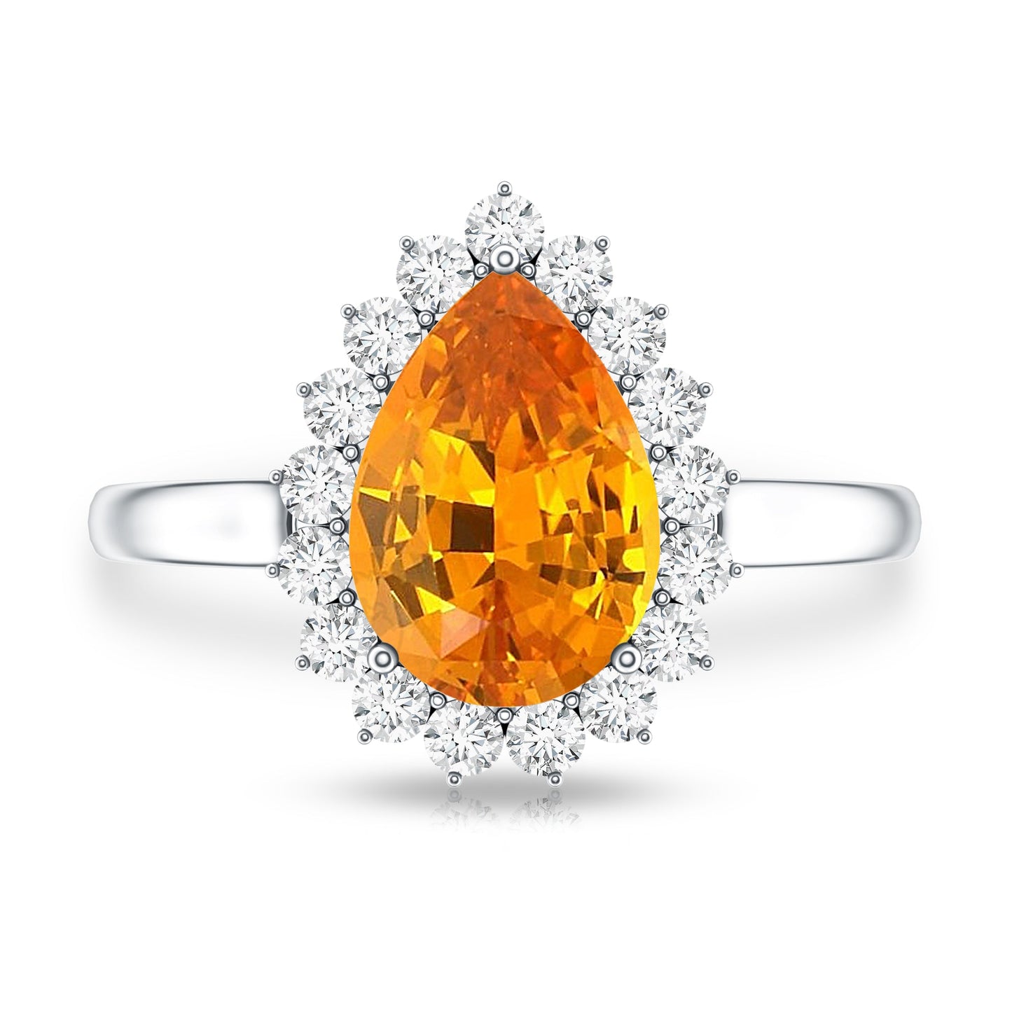 2.5 Carat Lab Grown Orange Sapphire Teardrop Engagement Ring with Diamond Halo