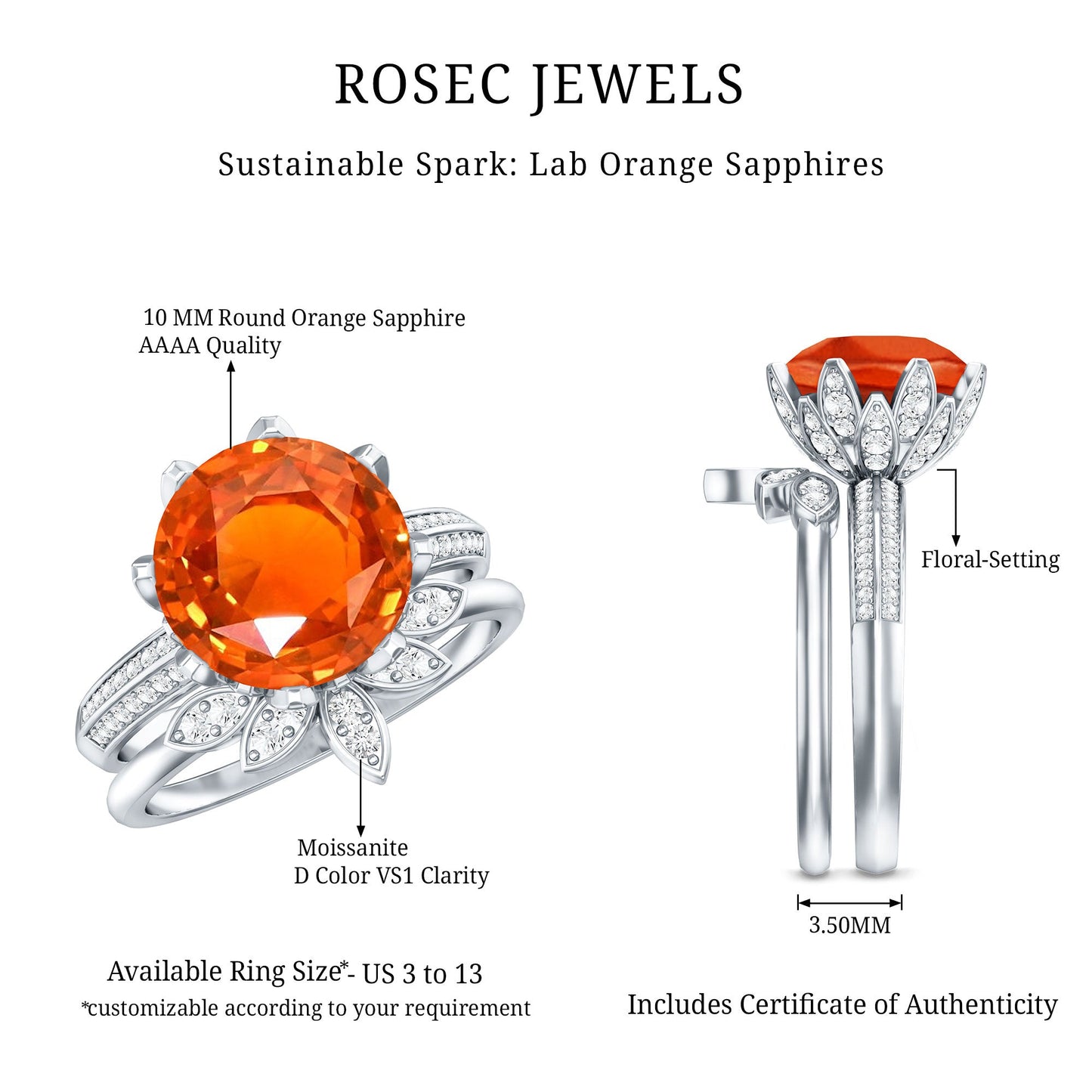 Nature Inspired 4.5 Carat Lab Grown Orange Sapphire Engagement Ring with Enhancer