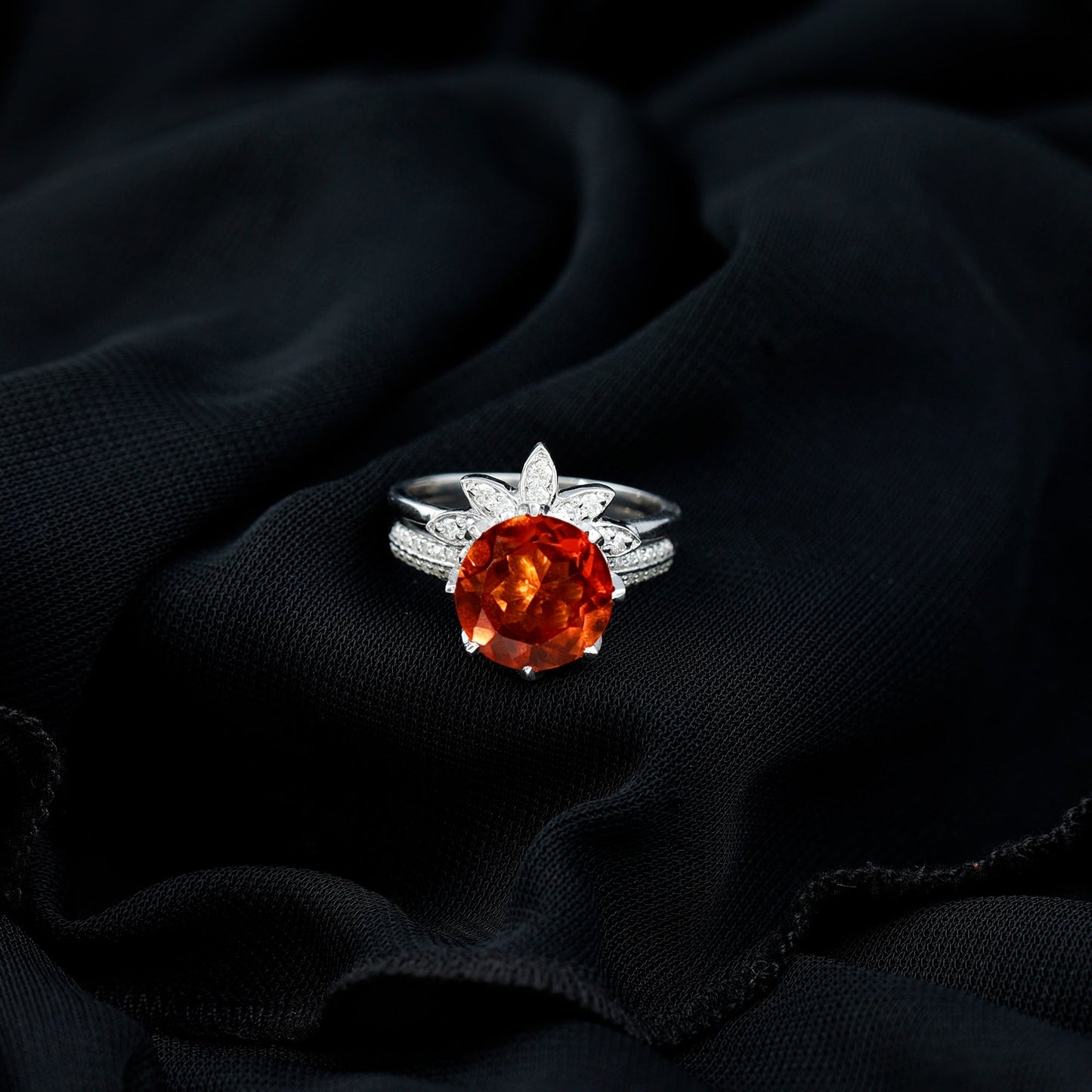 Nature Inspired 4.5 Carat Lab Grown Orange Sapphire Engagement Ring with Enhancer