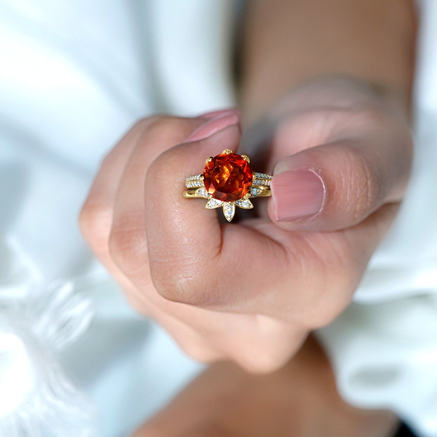 Nature Inspired 4.5 Carat Lab Grown Orange Sapphire Engagement Ring with Enhancer
