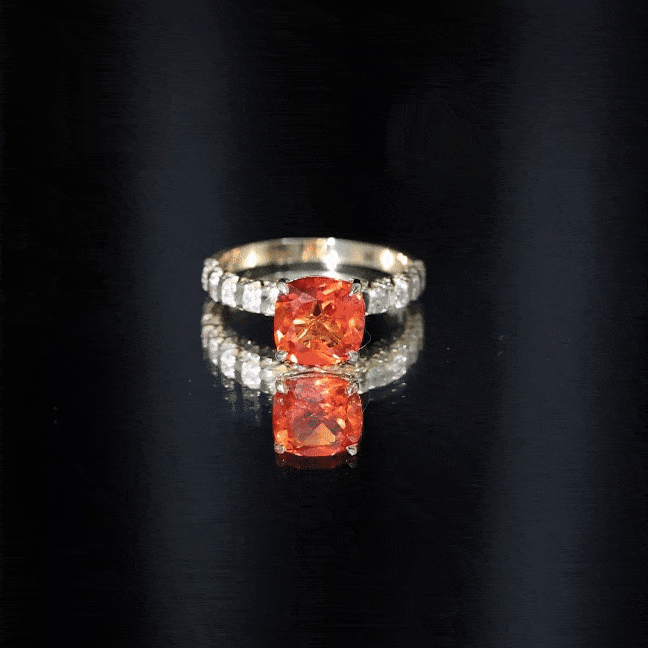 2.75 Carat Lab Grown Orange Sapphire Cushion Cut Engagement Ring with Diamond
