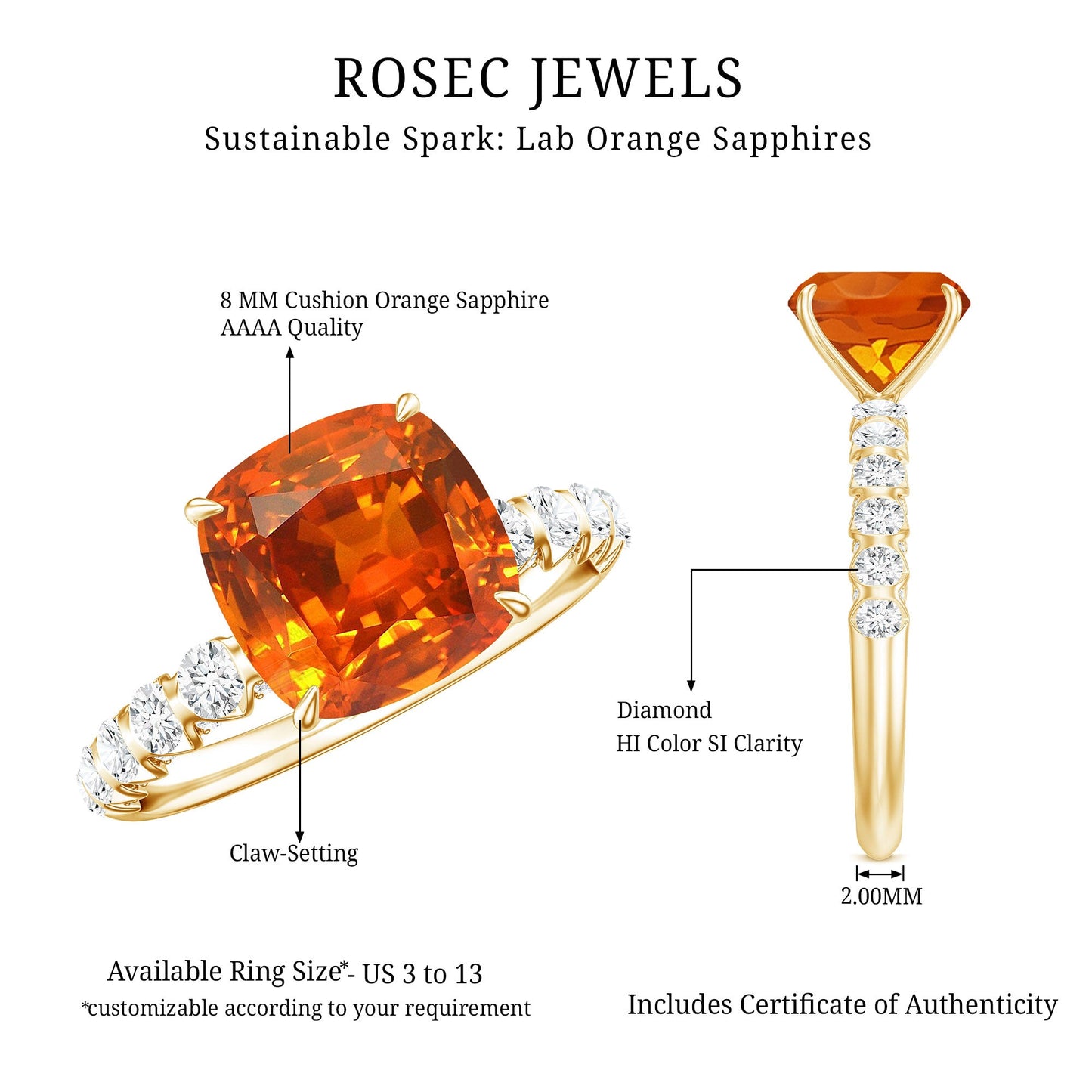 2.75 Carat Lab Grown Orange Sapphire Cushion Cut Engagement Ring with Diamond