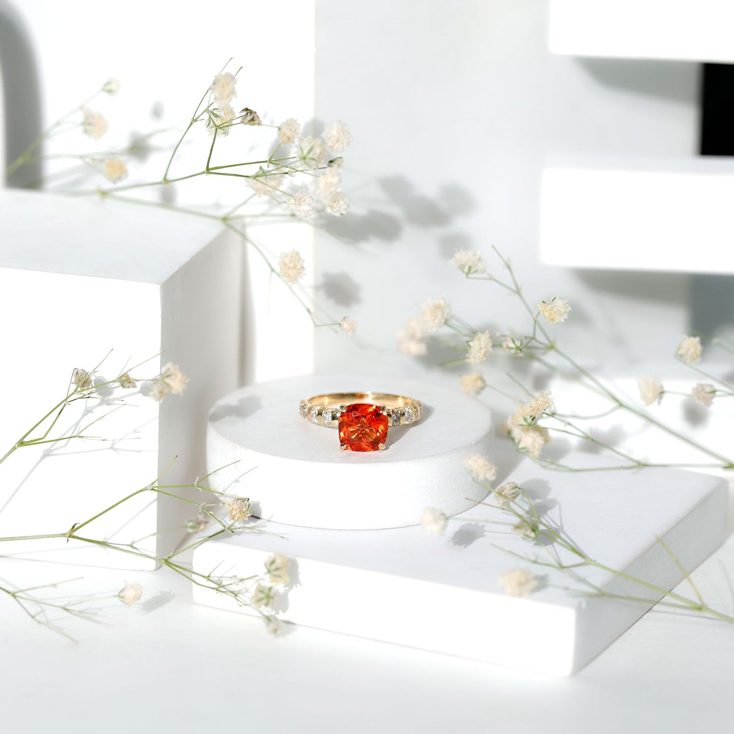 2.75 Carat Lab Grown Orange Sapphire Cushion Cut Engagement Ring with Diamond