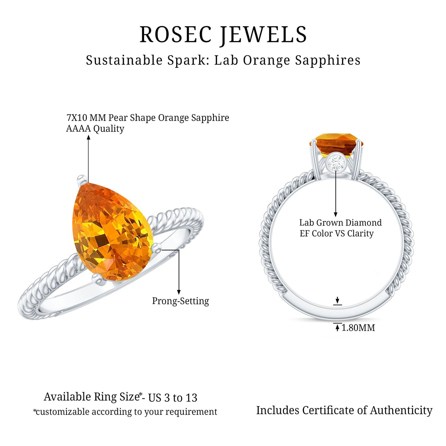 2.5 Carat Lab Grown Orange Sapphire Pear Shaped Engagement Ring with Twisted Rope