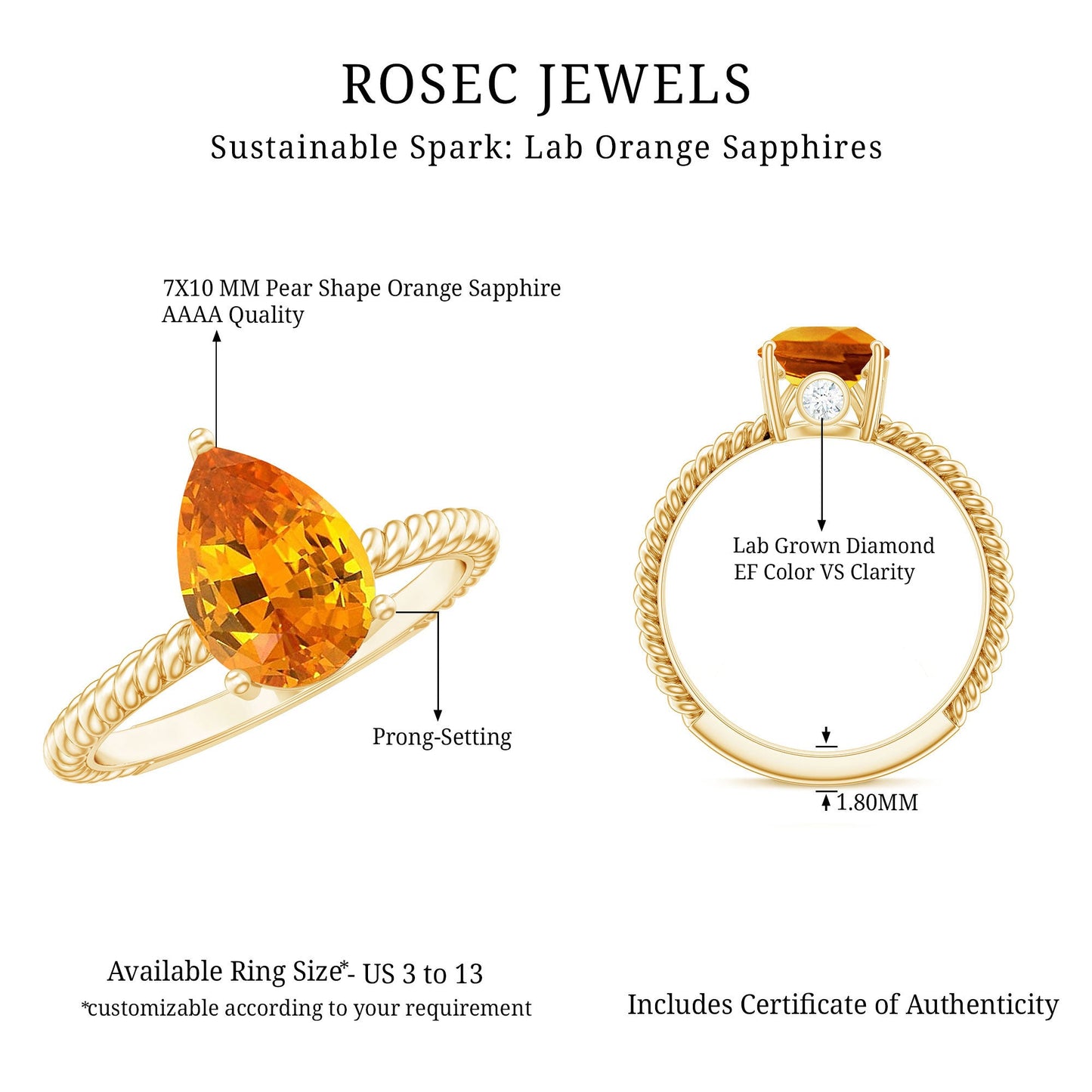 2.5 Carat Lab Grown Orange Sapphire Pear Shaped Engagement Ring with Twisted Rope