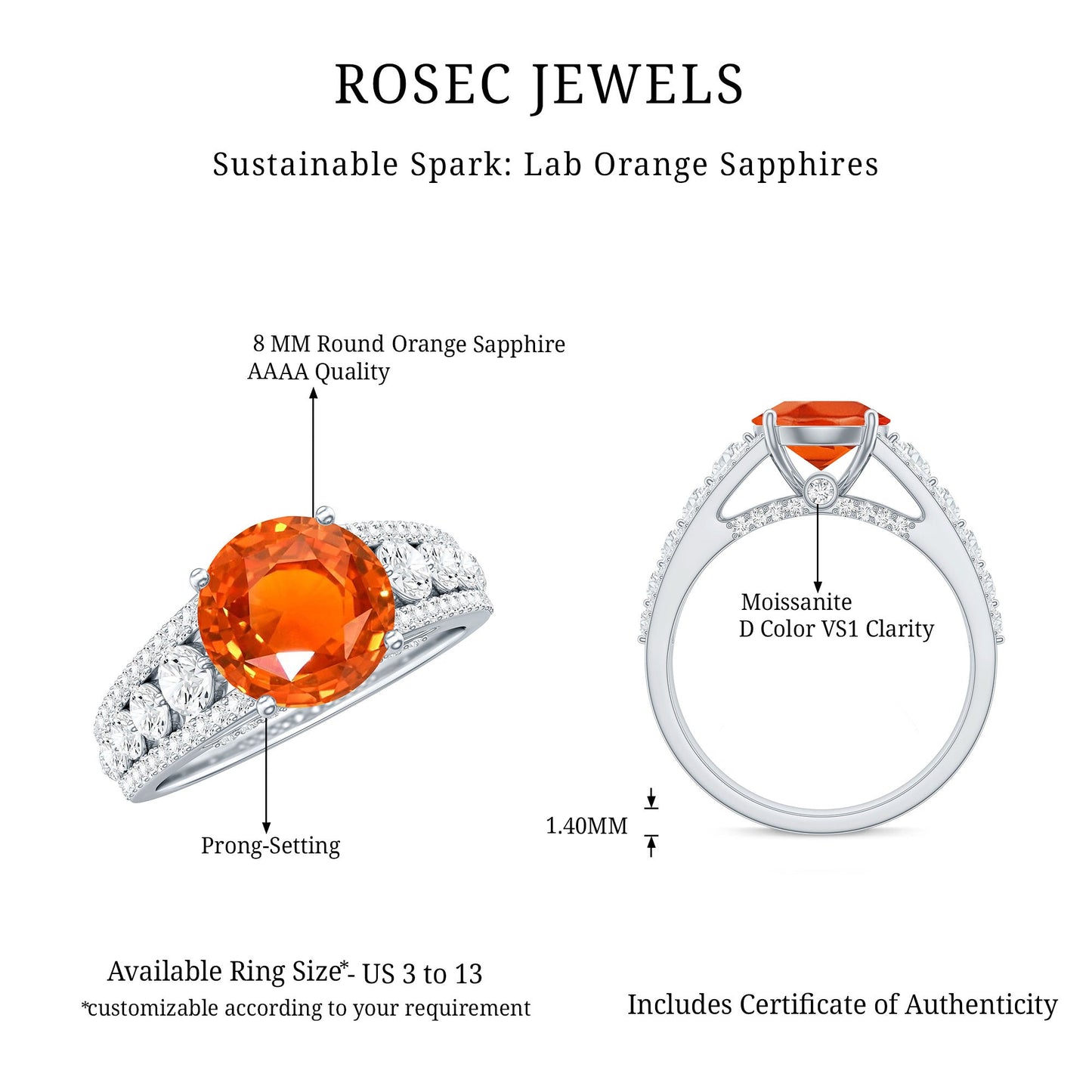 2.25 Carat Lab Grown Orange Sapphire Solitaire Engagement Ring with Side Stones