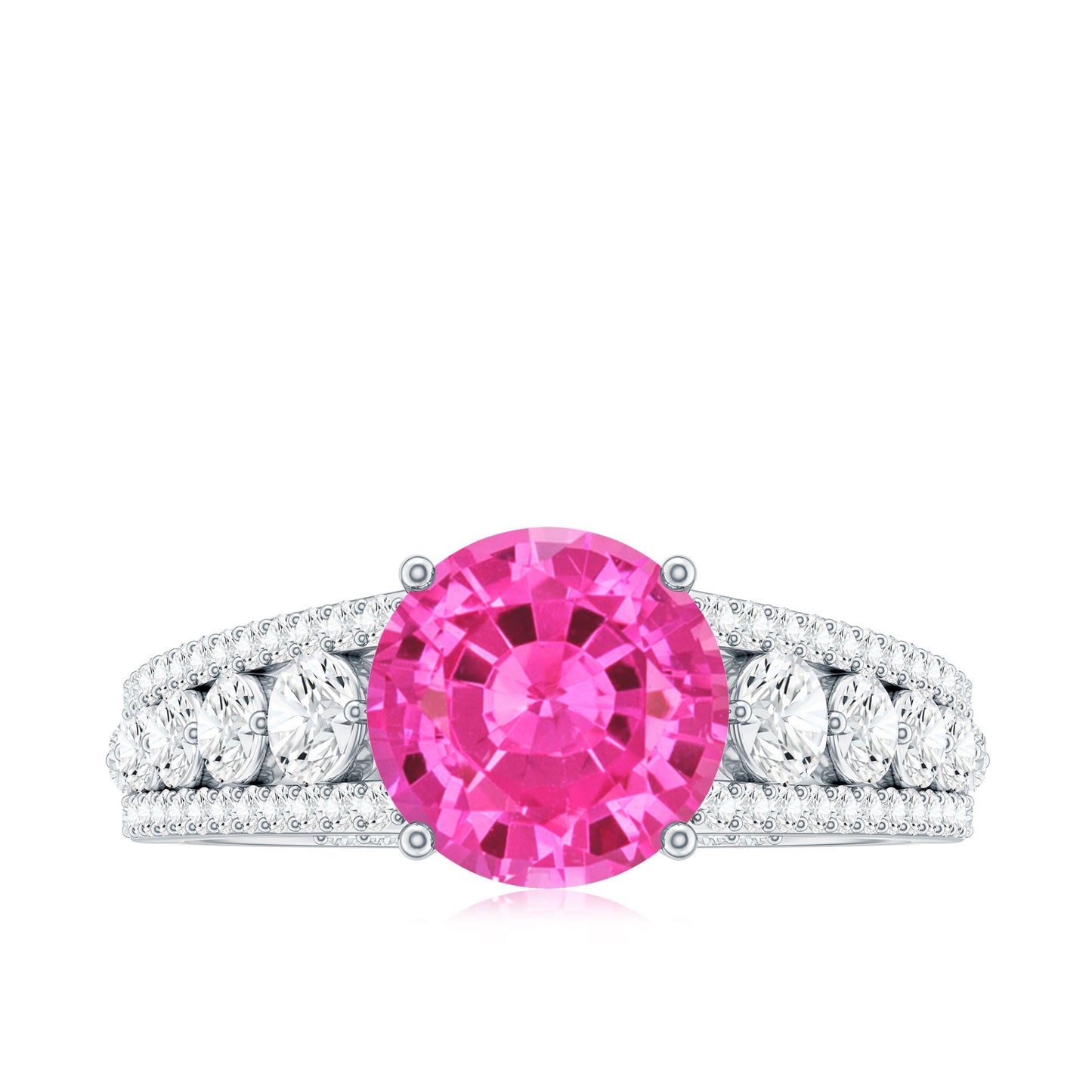 Created Pink Sapphire Engagement Ring with Moissanite Side Stones