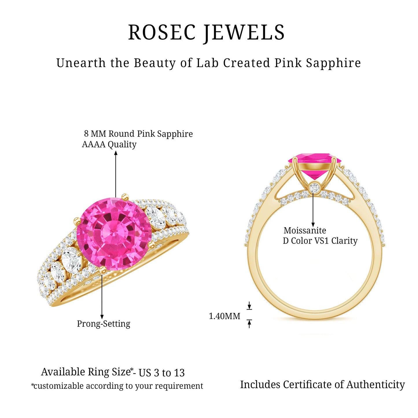 Created Pink Sapphire Engagement Ring with Moissanite Side Stones