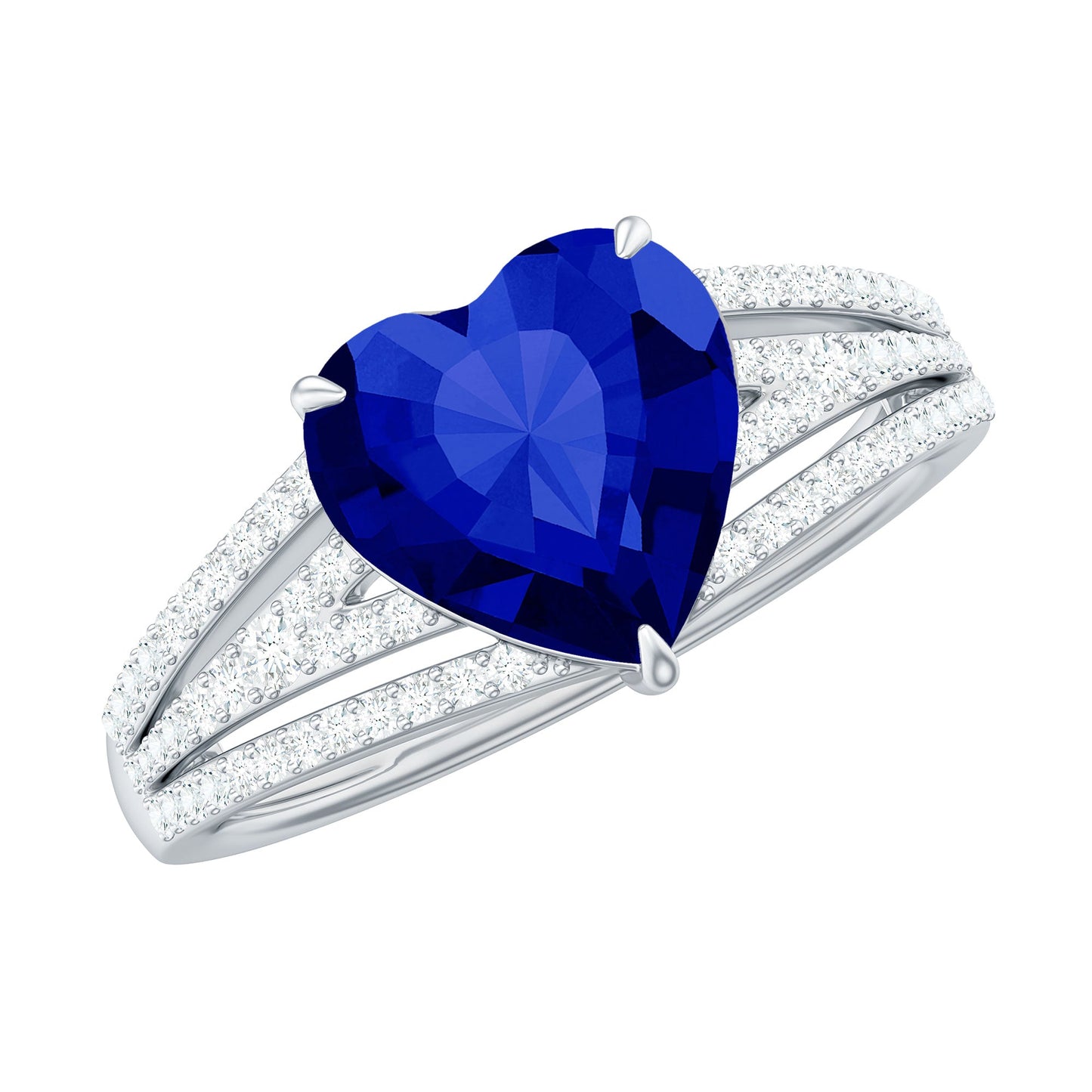 Certified 2 Carat Lab Grown Blue Sapphire Heart Engagement Ring with Diamond Split Shank