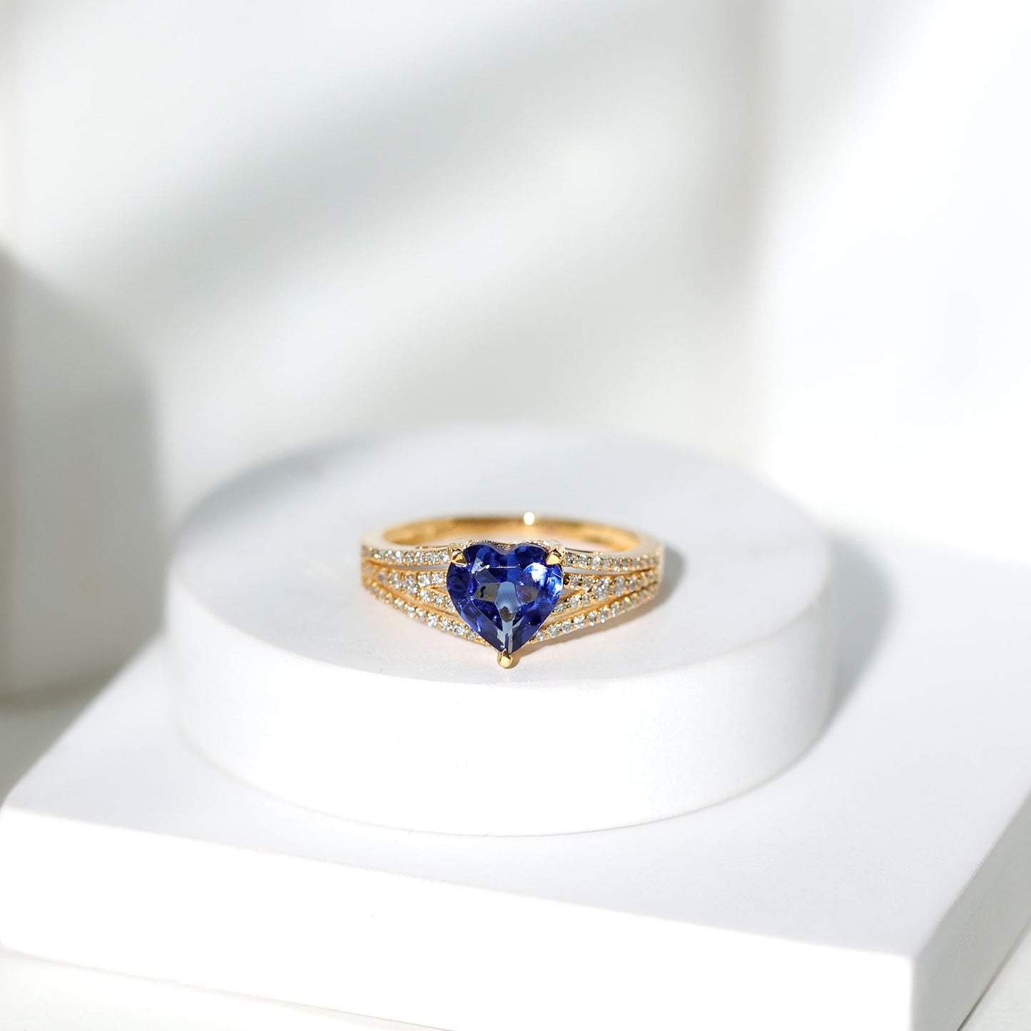 Certified 2 Carat Lab Grown Blue Sapphire Heart Engagement Ring with Diamond Split Shank