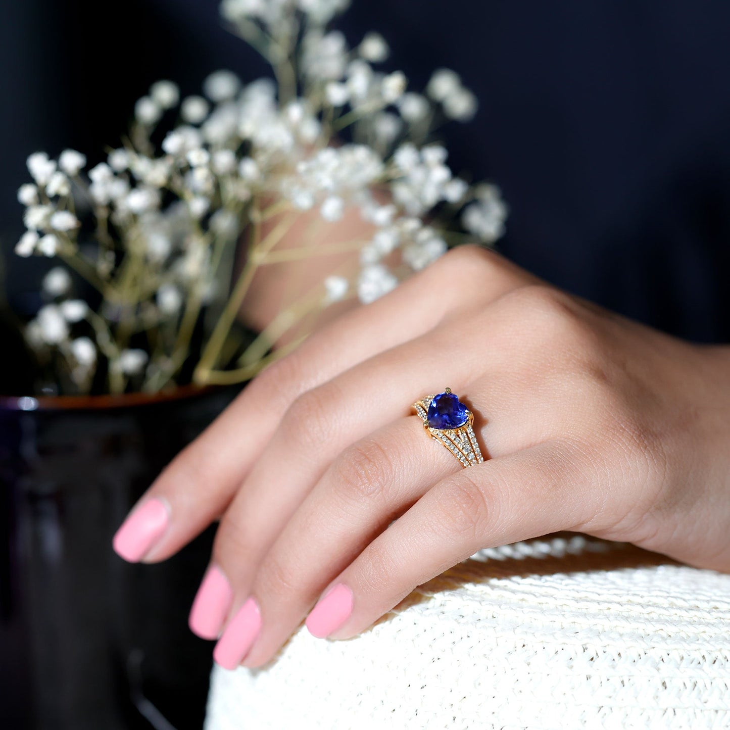 Certified 2 Carat Lab Grown Blue Sapphire Heart Engagement Ring with Diamond Split Shank
