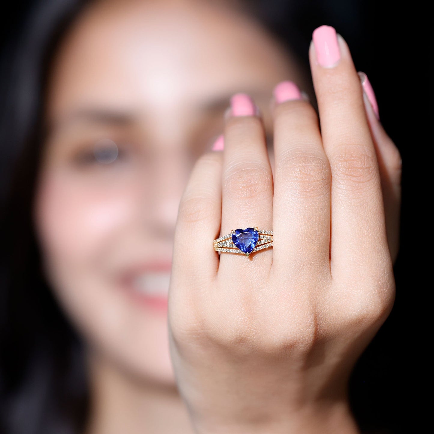 Certified 2 Carat Lab Grown Blue Sapphire Heart Engagement Ring with Diamond Split Shank