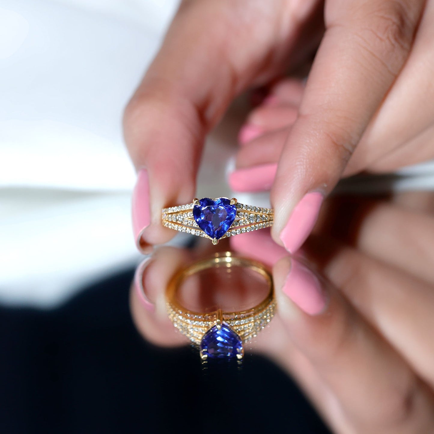Certified 2 Carat Lab Grown Blue Sapphire Heart Engagement Ring with Diamond Split Shank