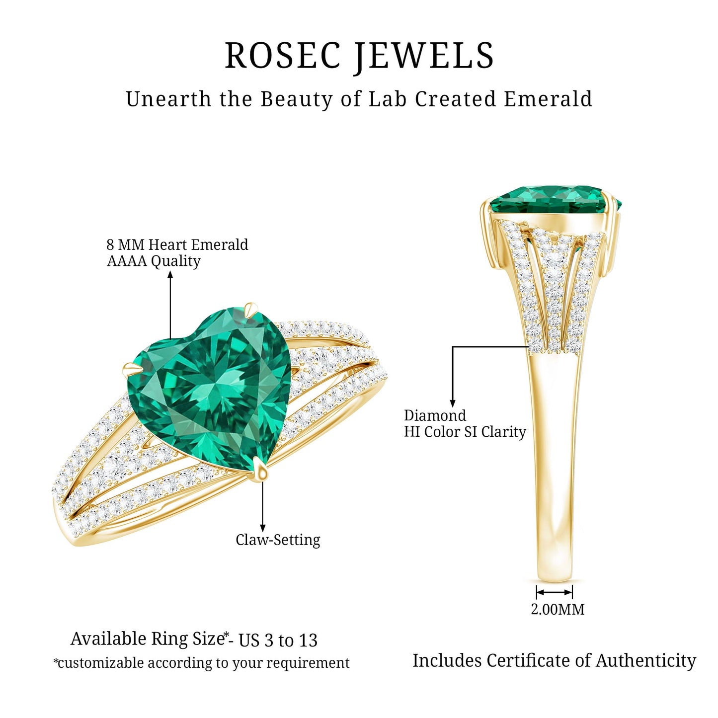 Designer 2 Carat Lab Grown Emerald Heart Engagement Ring With Diamonds