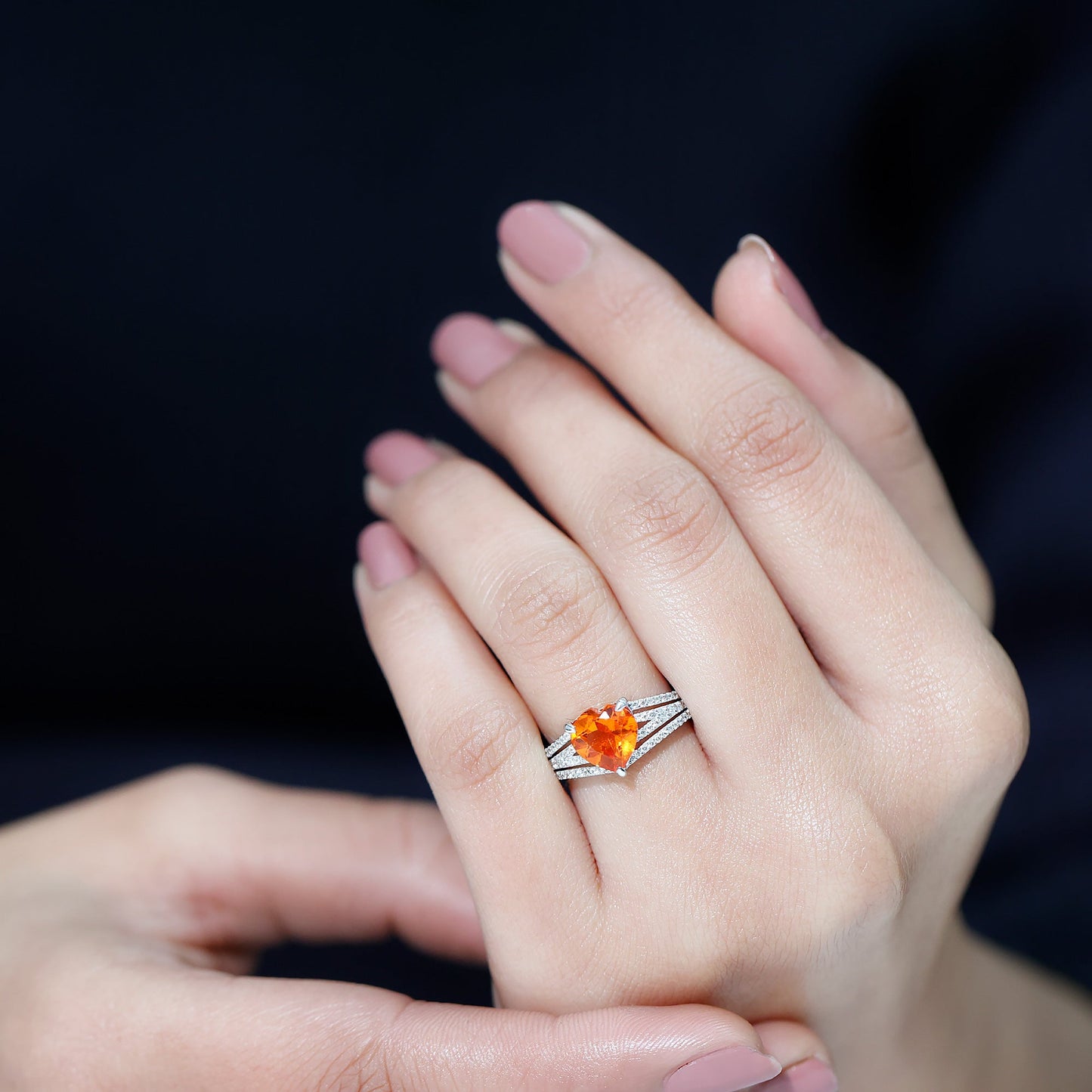 2 Carat Lab Grown Orange Sapphire Heart Engagement Ring with Diamond Split Shank
