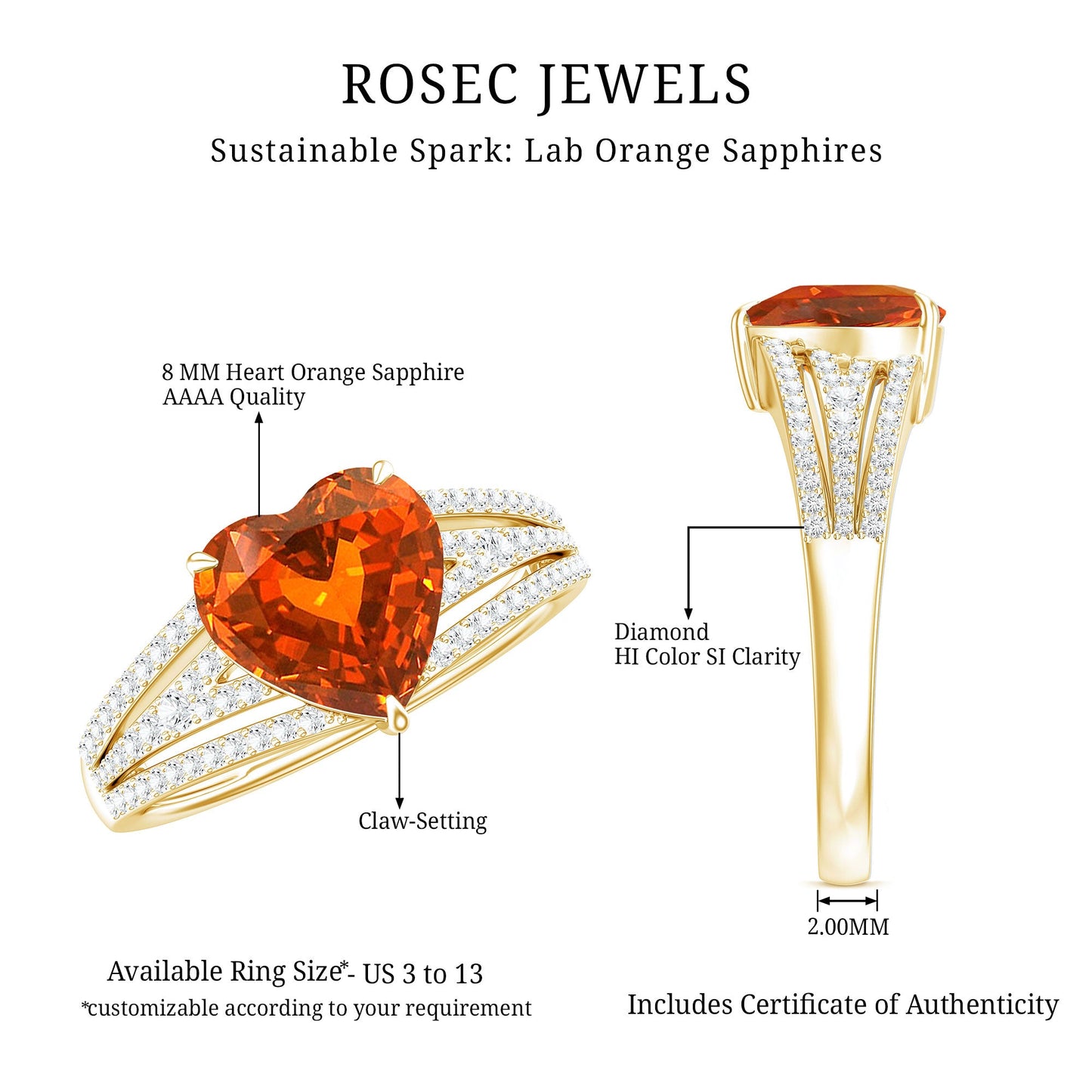 2 Carat Lab Grown Orange Sapphire Heart Engagement Ring with Diamond Split Shank