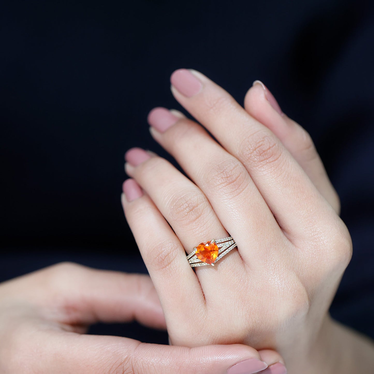 2 Carat Lab Grown Orange Sapphire Heart Engagement Ring with Diamond Split Shank